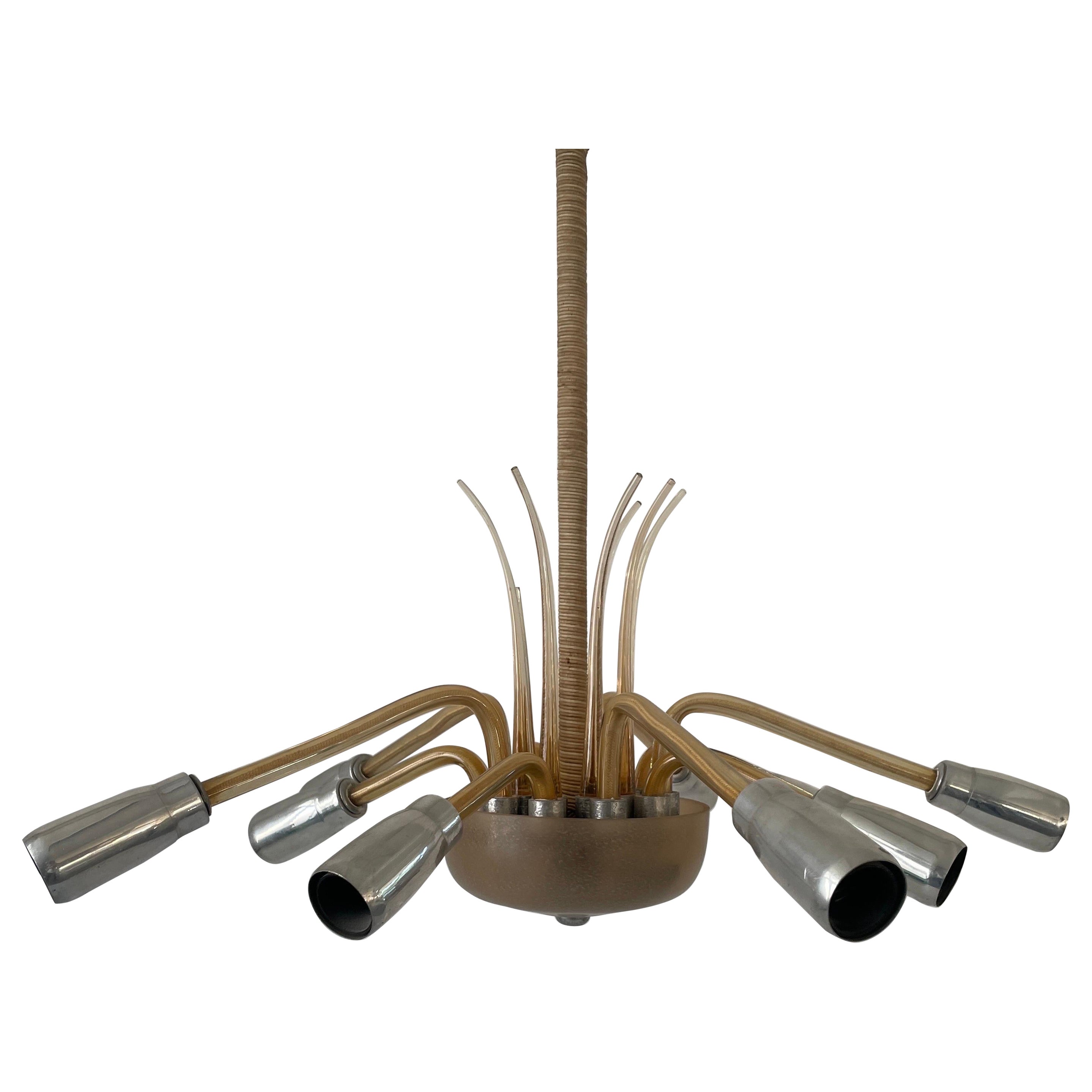 Exceptional 10-armed Art Deco Chandelier in Glass and Metal, 1950s, Germany For Sale