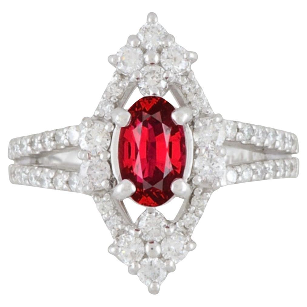 Exceptional 1.09ct Vivid Red Spinel Engagement Ring with Diamond Halo Platinum For Sale
