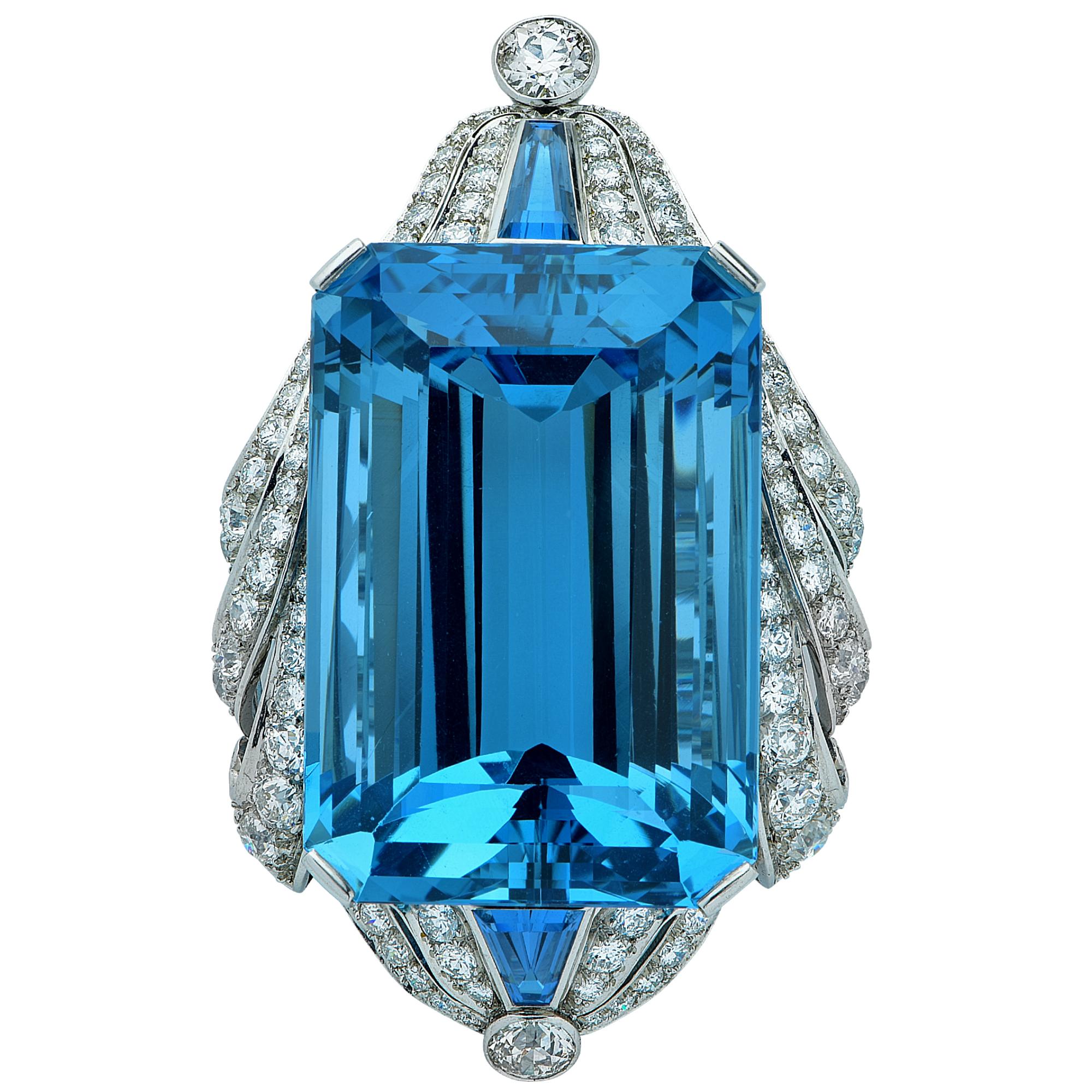 Exceptional 135 Carat Santa Maria Aquamarine and Old European Diamond Brooch