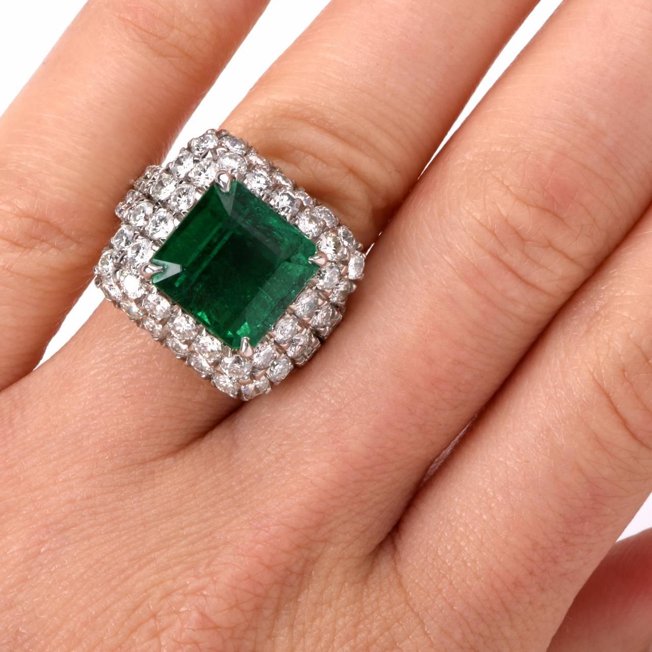 Exceptional 13.67cts Emerald and Diamond Platinum Cocktail Ring For Sale 1