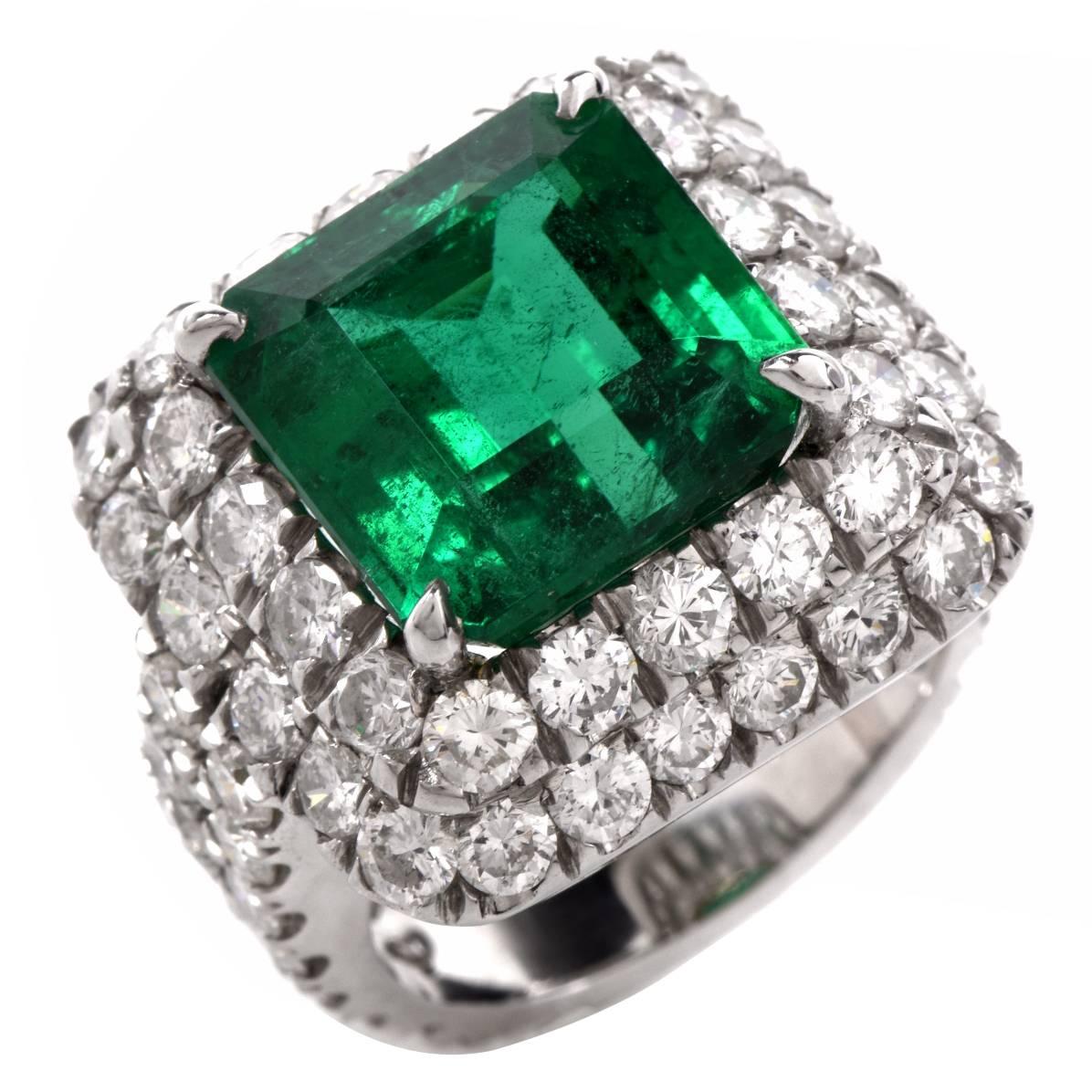 Exceptional 13.67cts Emerald and Diamond Platinum Cocktail Ring For Sale
