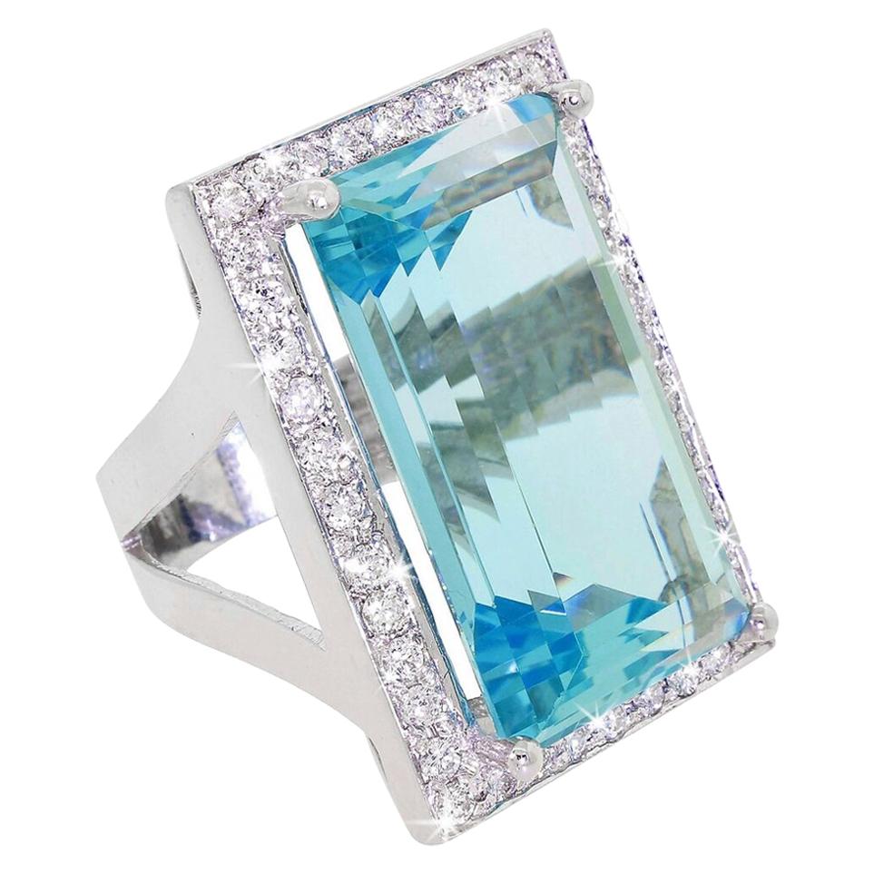 Exceptional 14 Karat 31ct Aquamarine 1.25 Carat Diamond Halo Ring with Appraisal