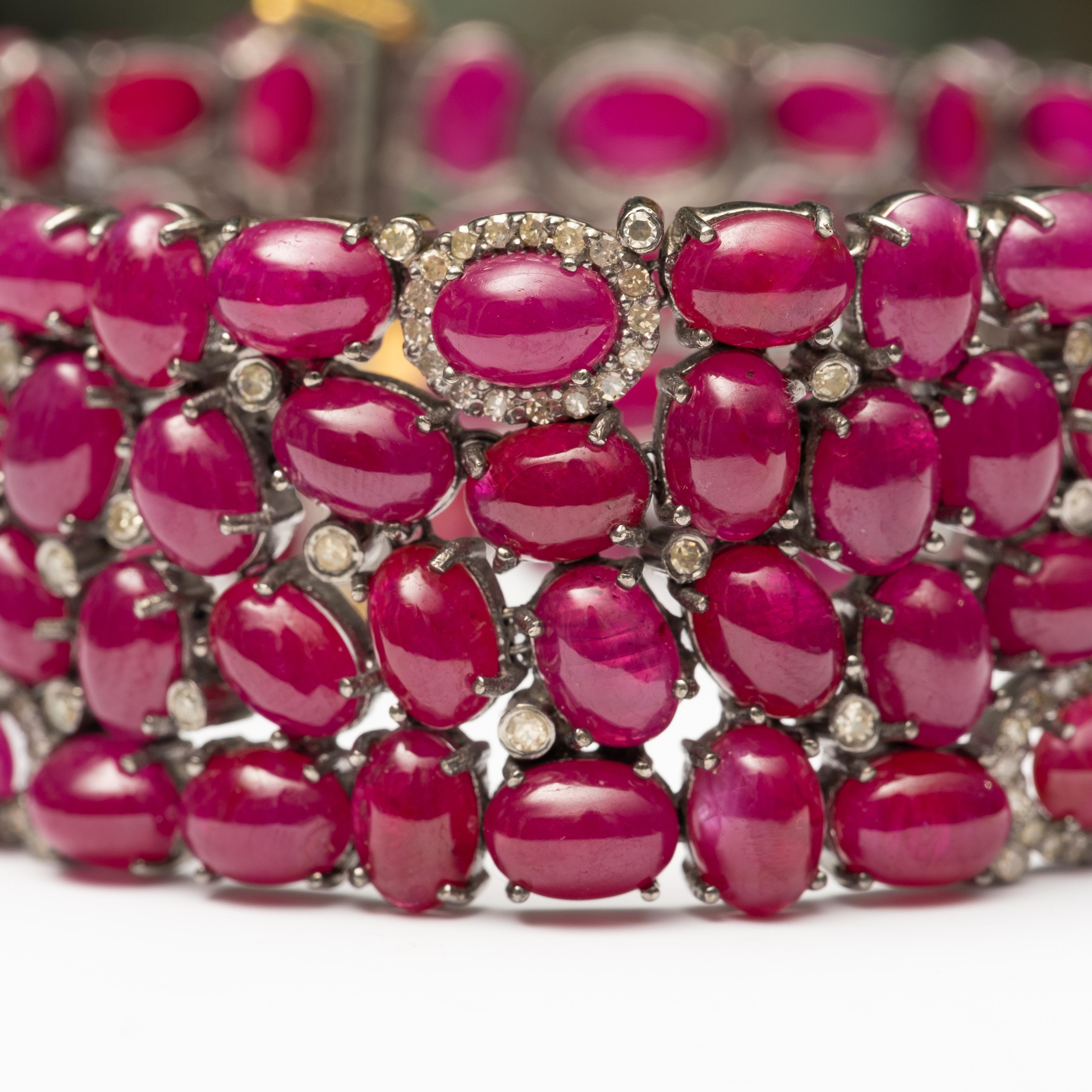 Cabochon Exceptional 14K Gold, Ruby and Diamond Bracelet
