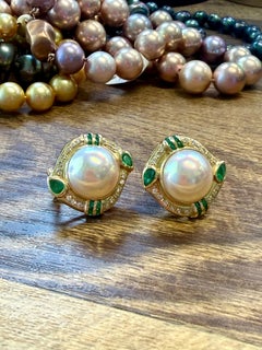 Exceptional 14k Mabe Pearl Emerald Diamond Earrings