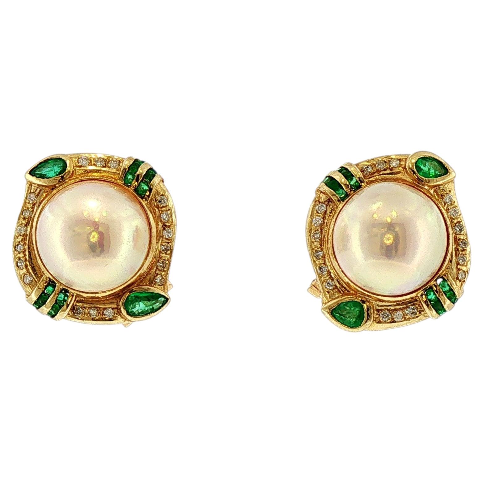 Exceptional 14k Mabe Pearl Emerald Diamond Earrings