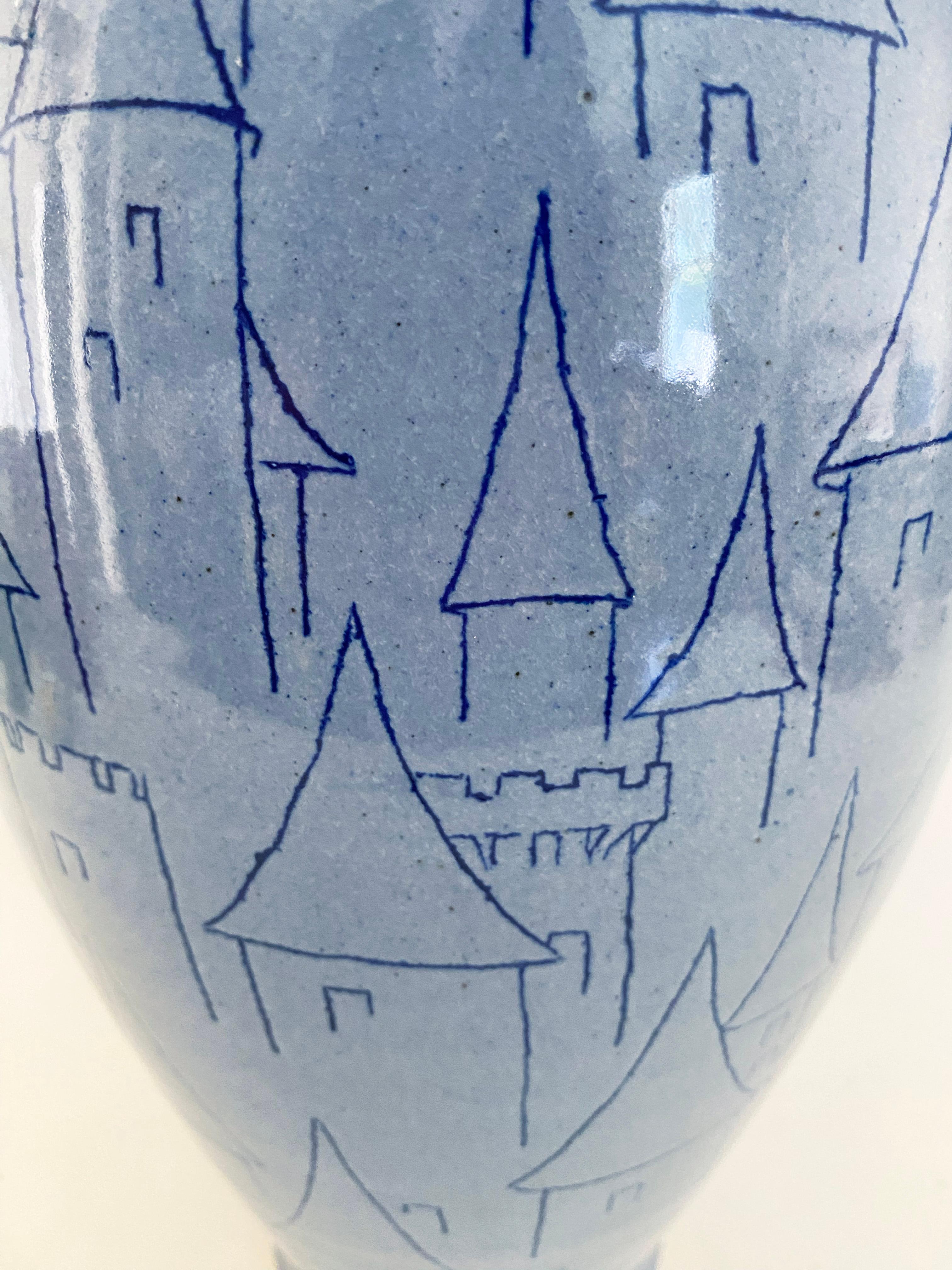 Exceptional 15 Inch F. Carlton Ball Sky Blue Sgraffito Castle-Motif Pottery Vase For Sale 3