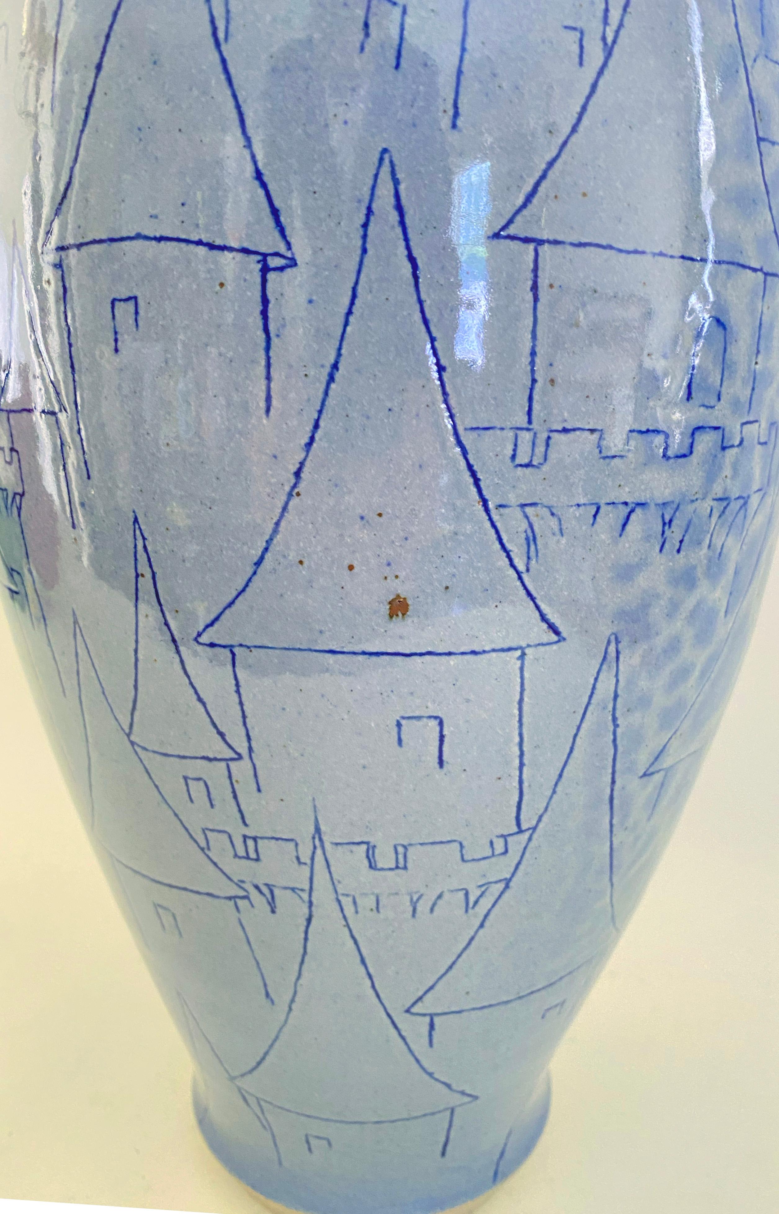 Exceptional 15 Inch F. Carlton Ball Sky Blue Sgraffito Castle-Motif Pottery Vase For Sale 5