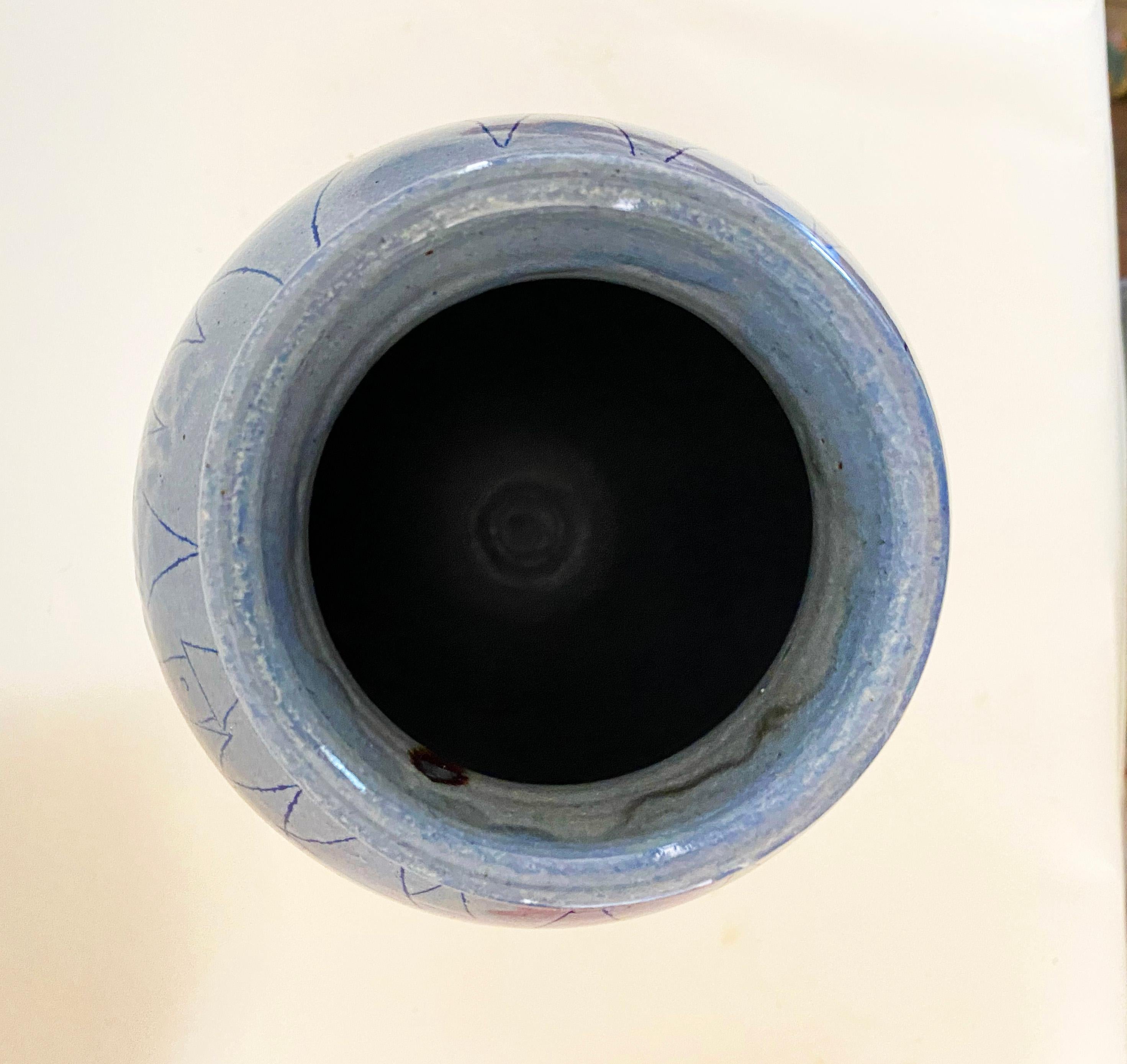 Exceptional 15 Inch F. Carlton Ball Sky Blue Sgraffito Castle-Motif Pottery Vase For Sale 6