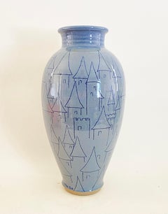 Exceptional 15 Inch F. Carlton Ball Sky Blue Sgraffito Castle-Motif Pottery Vase