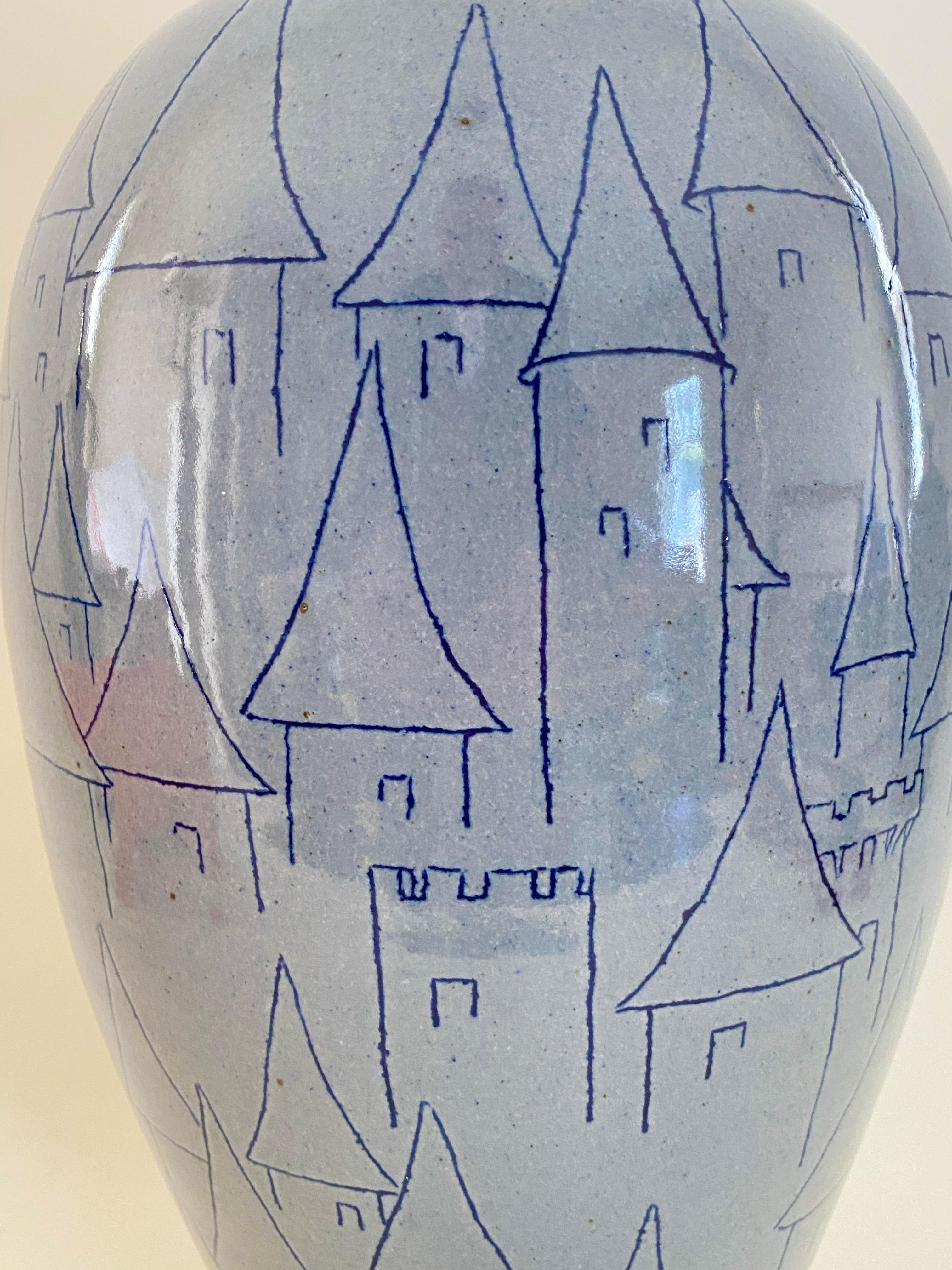 Mid-Century Modern Exceptional 15 Inch F. Carlton Ball Sky Blue Sgraffito Castle-Motif Pottery Vase For Sale