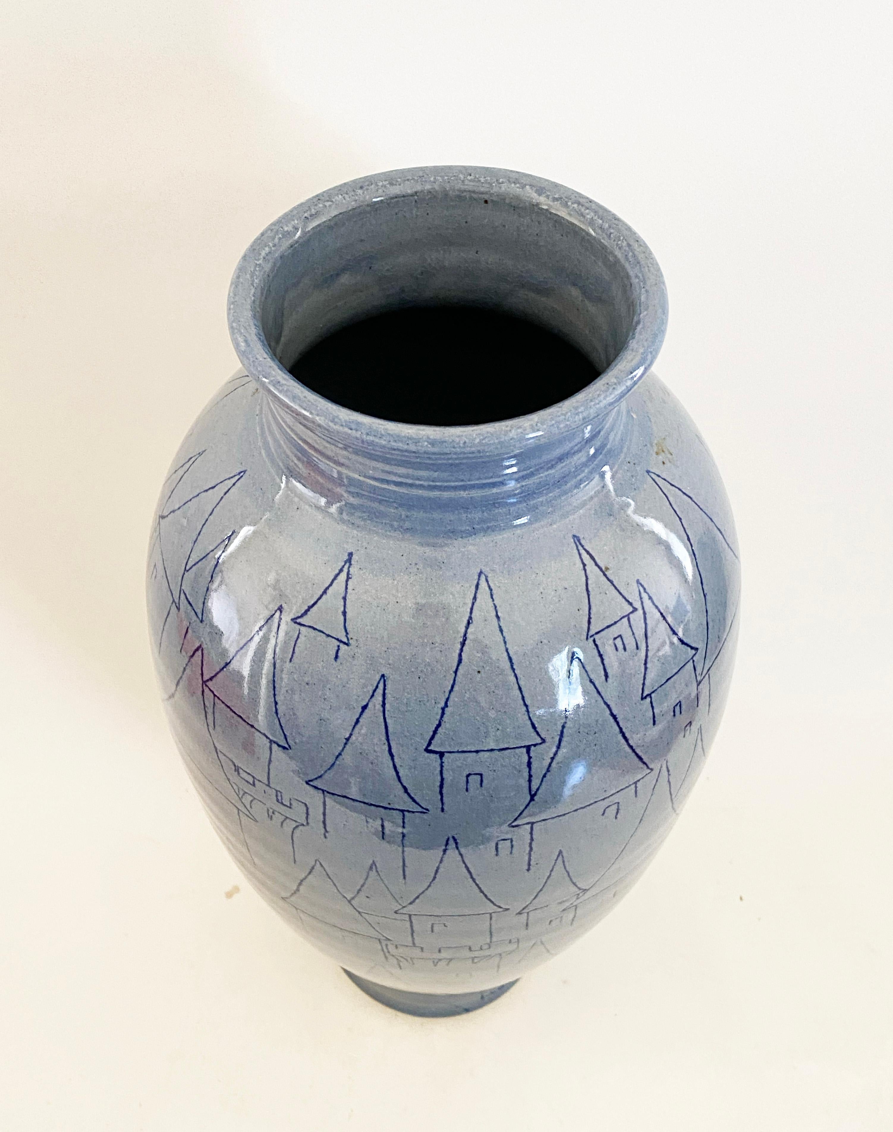 American Exceptional 15 Inch F. Carlton Ball Sky Blue Sgraffito Castle-Motif Pottery Vase For Sale