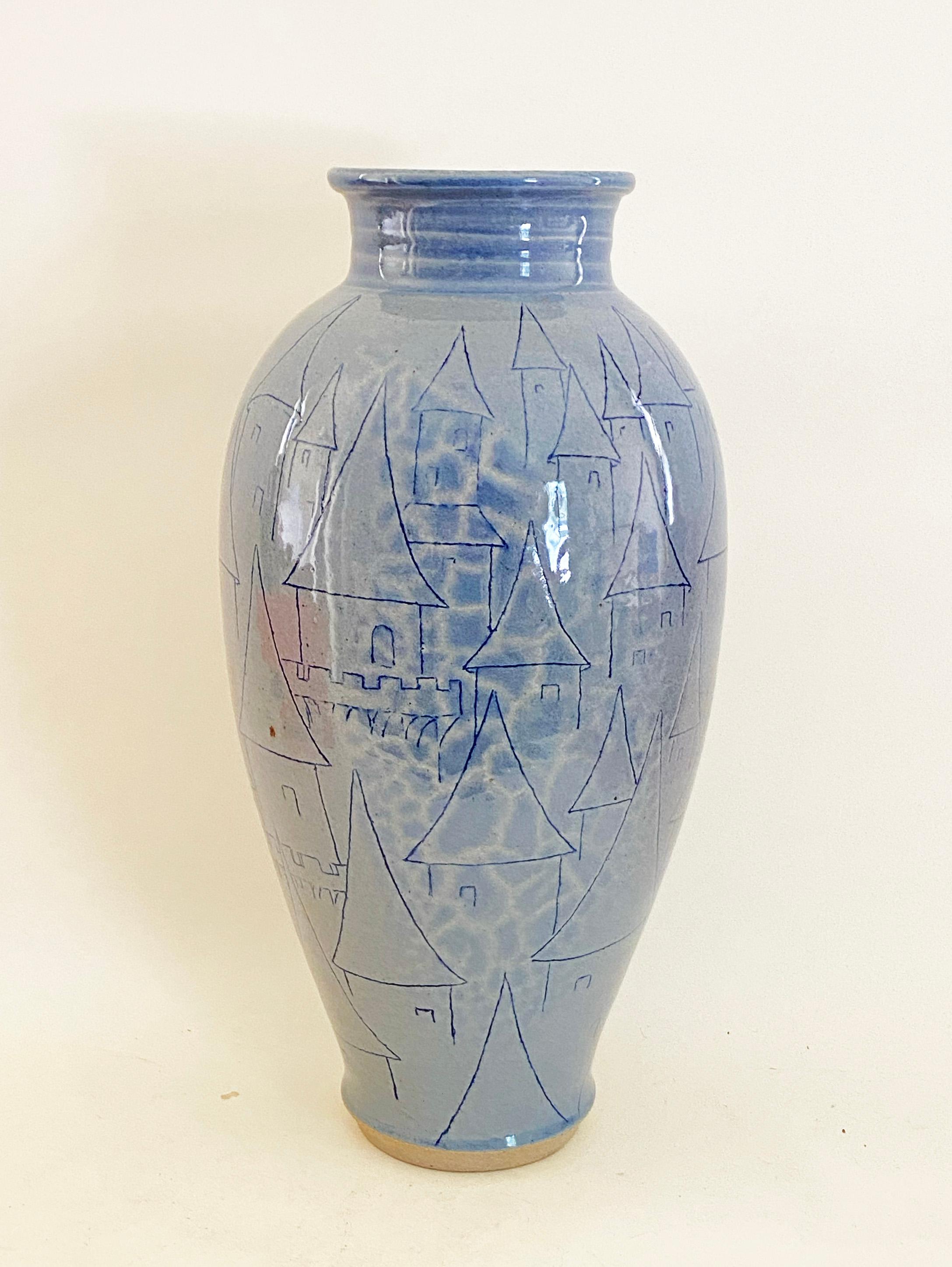 Exceptional 15 Inch F. Carlton Ball Sky Blue Sgraffito Castle-Motif Pottery Vase In Excellent Condition For Sale In Minneapolis, MN