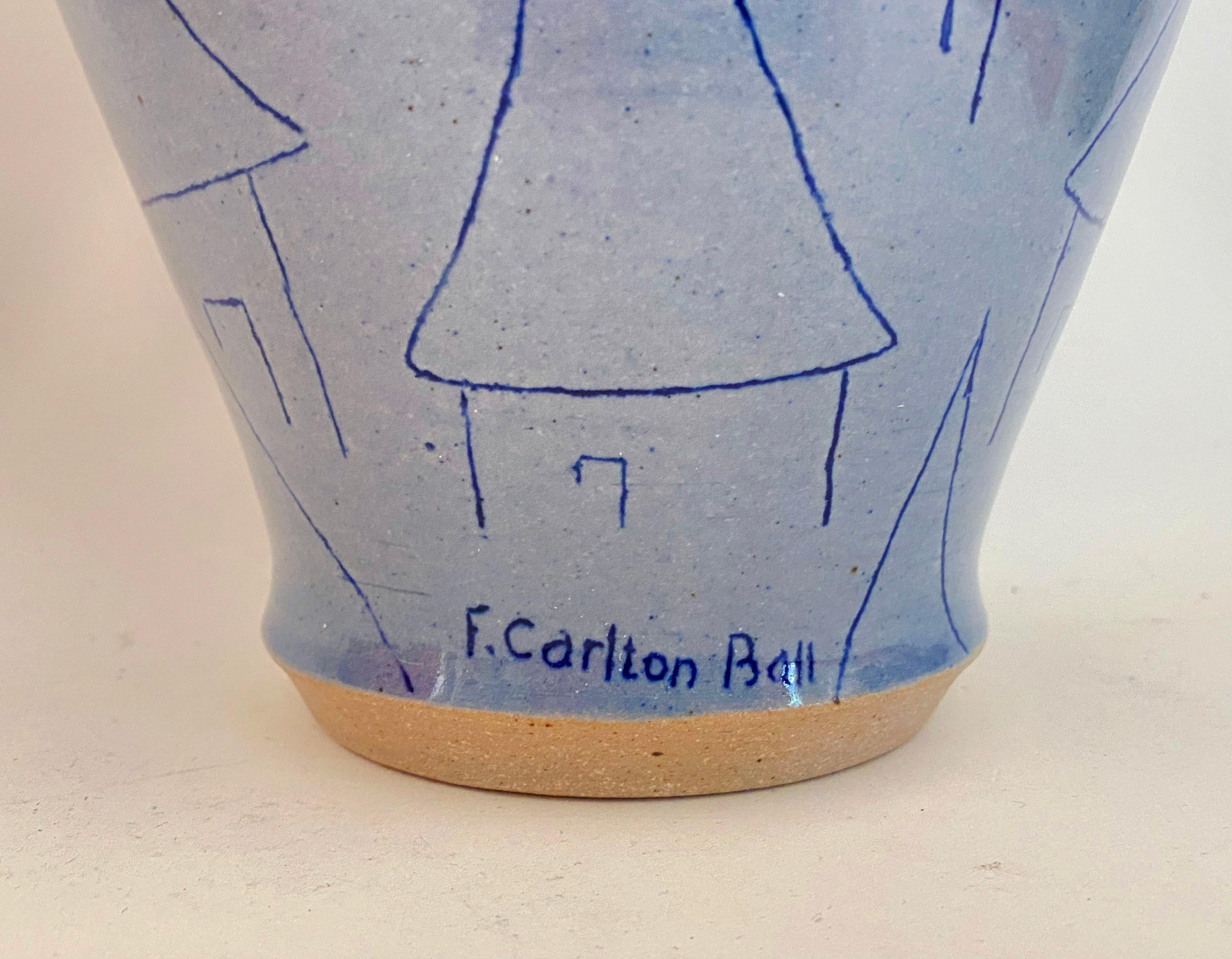 20th Century Exceptional 15 Inch F. Carlton Ball Sky Blue Sgraffito Castle-Motif Pottery Vase For Sale