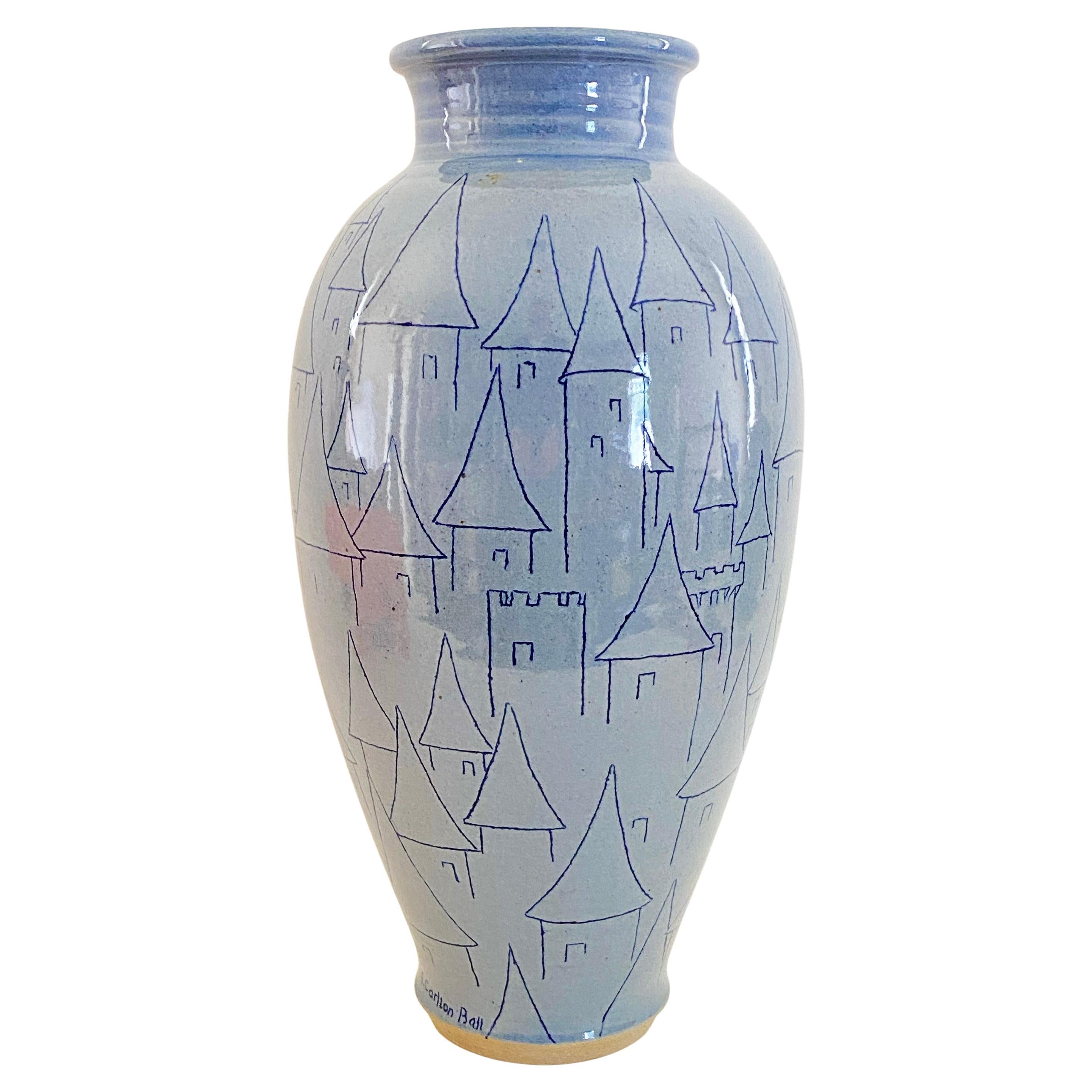Exceptional 15 Inch F. Carlton Ball Sky Blue Sgraffito Castle-Motif Pottery Vase For Sale