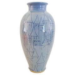 Exceptional 15 Inch F. Carlton Ball Sky Blue Sgraffito Castle-Motif Pottery Vase
