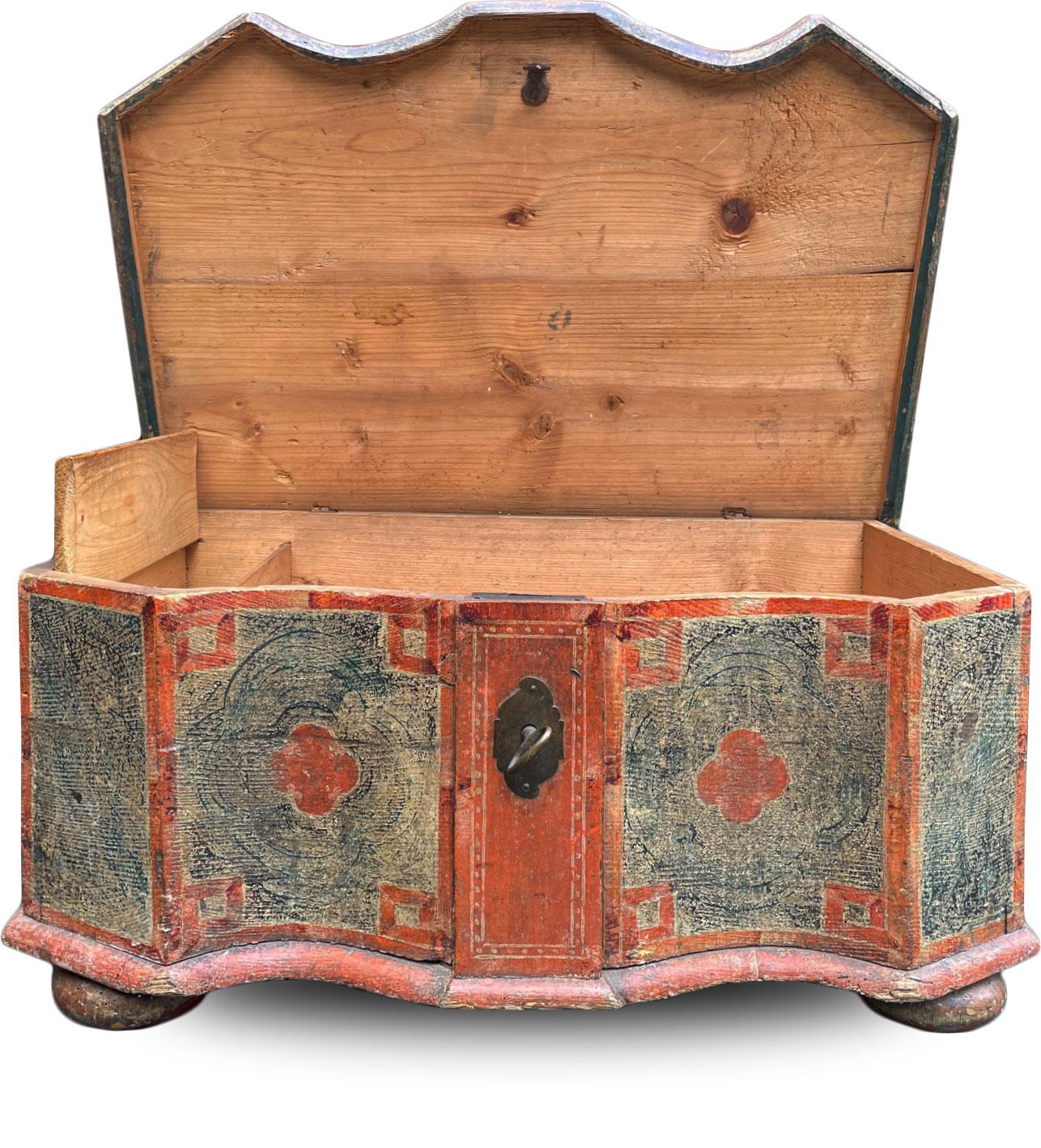 Italian Exceptional 1750 Red and Blu Painted Blanket Chest, Central Europe For Sale