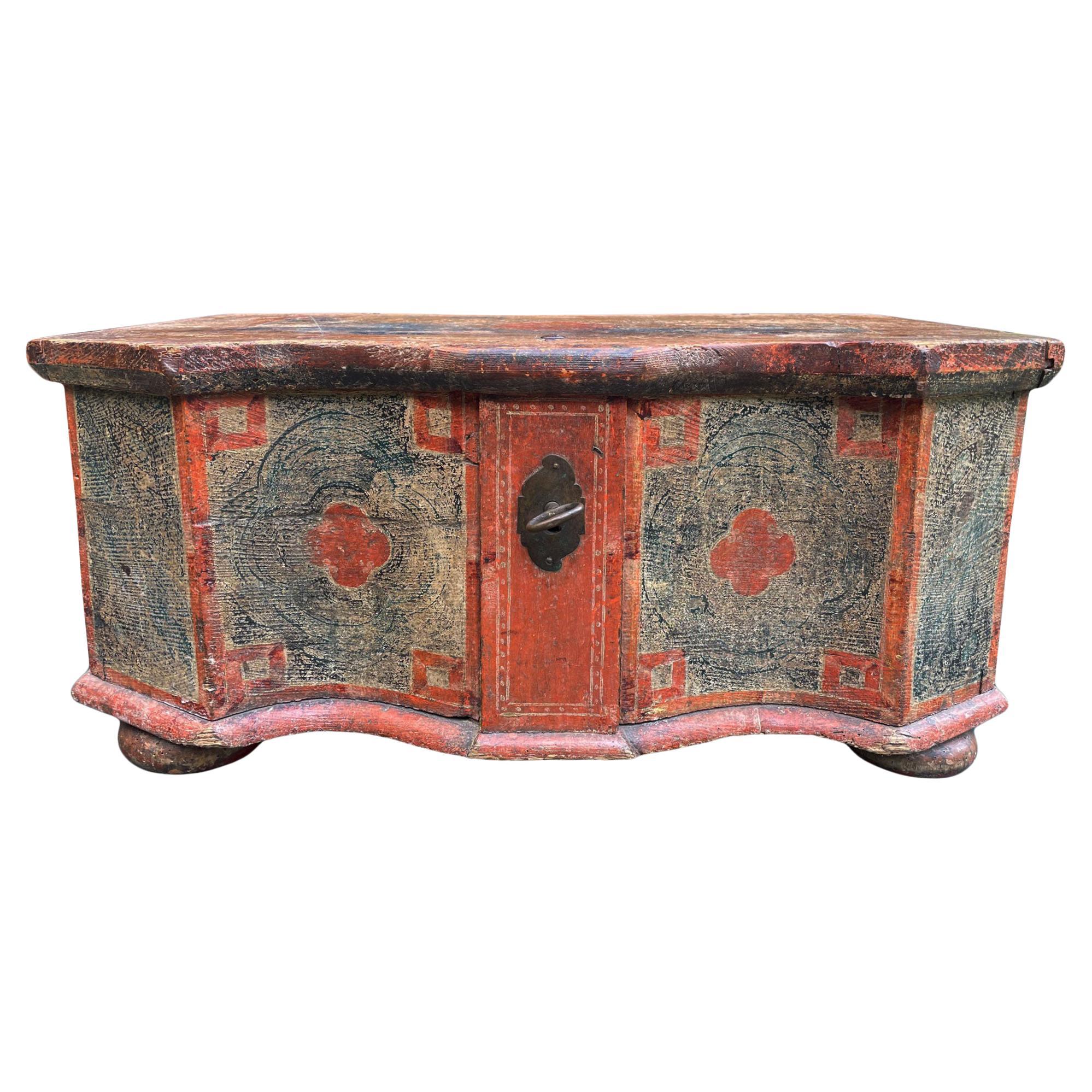 Exceptional 1750 Red and Blu Painted Blanket Chest, Central Europe