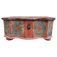 Exceptional 1750 Red and Blu Painted Blanket Chest, Central Europe