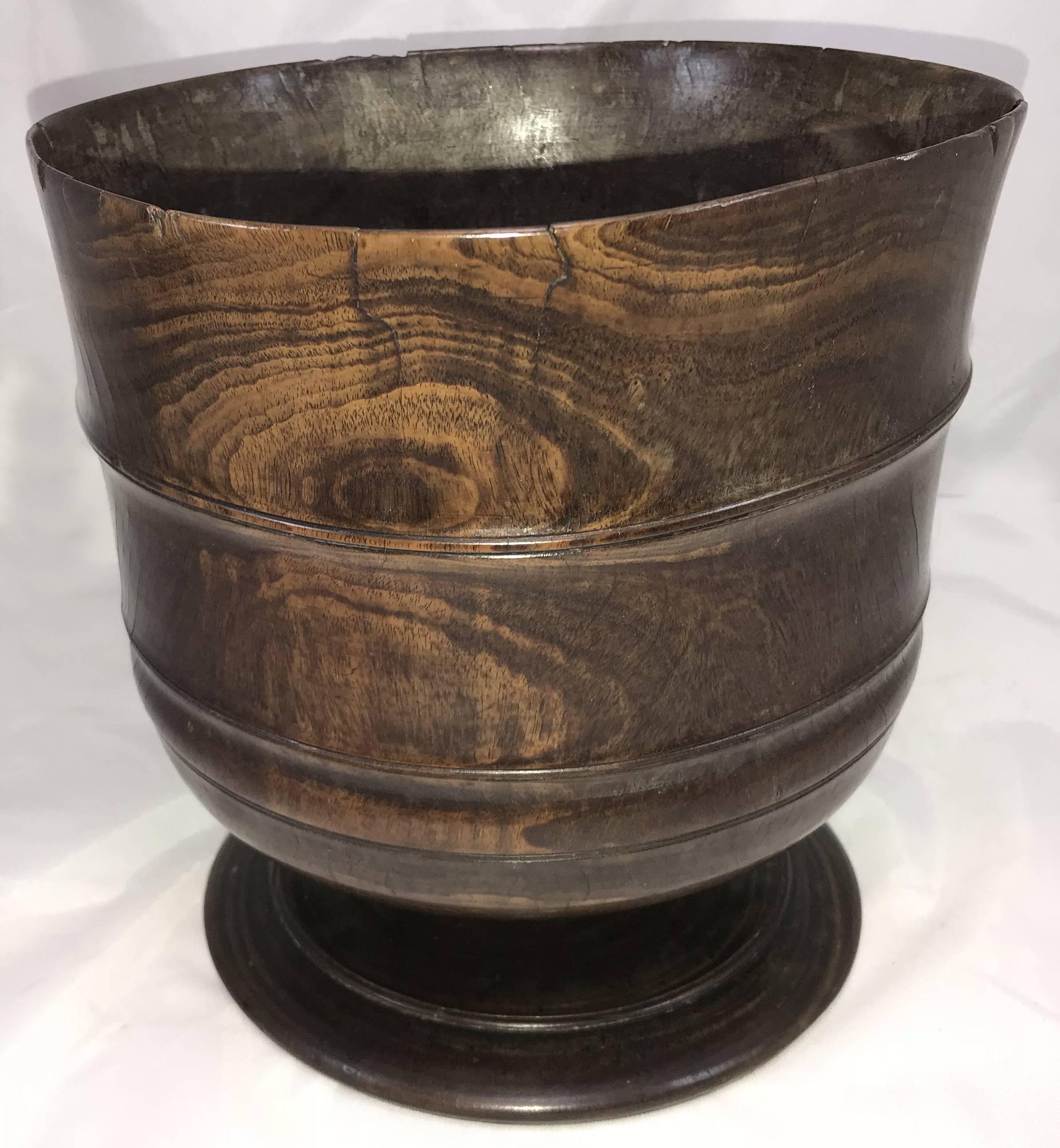 Turned Exceptional 17th Century Carved English Wassail Bowl in Figured Lignum Vitae