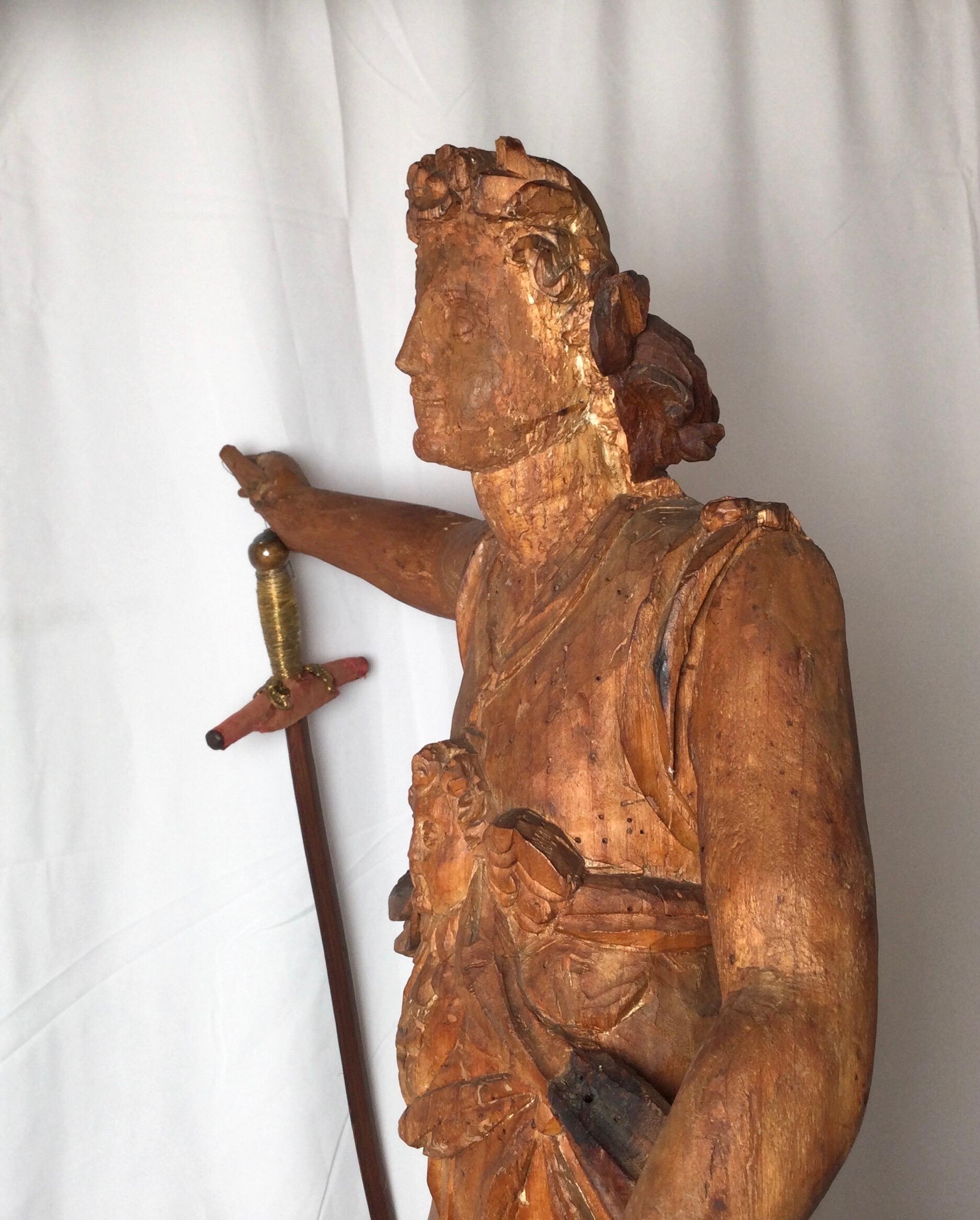 Exceptional 17th Century Carved Wooden Statue of Saint Micheal For Sale 9