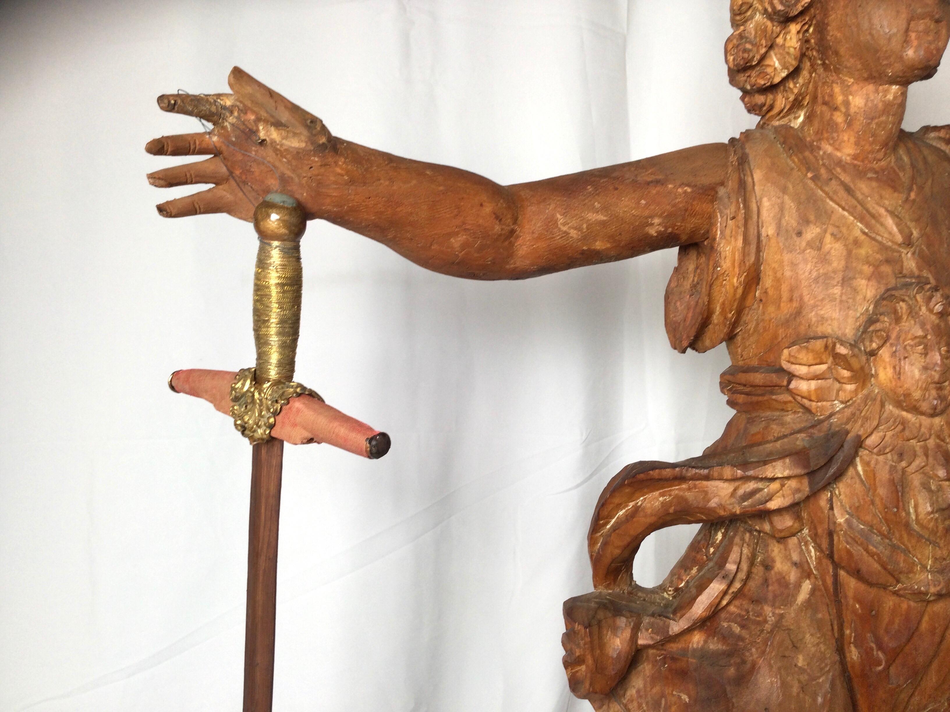 Baroque Exceptional 17th Century Carved Wooden Statue of Saint Micheal For Sale