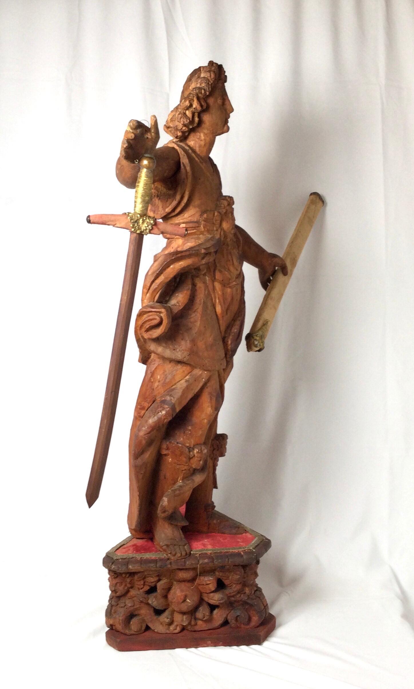 Exceptional 17th Century Carved Wooden Statue of Saint Micheal For Sale 1