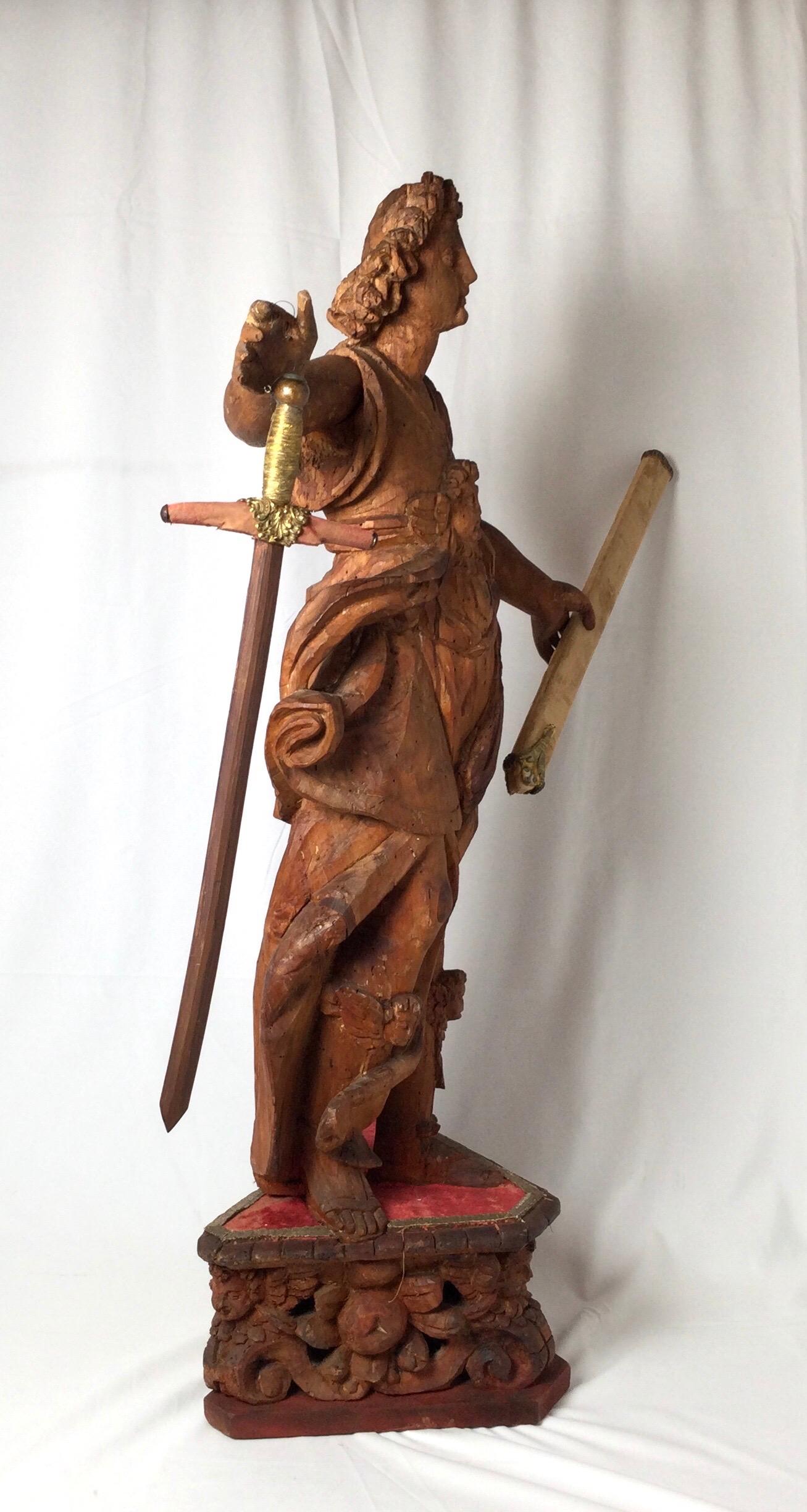 Exceptional 17th Century Carved Wooden Statue of Saint Micheal For Sale 2