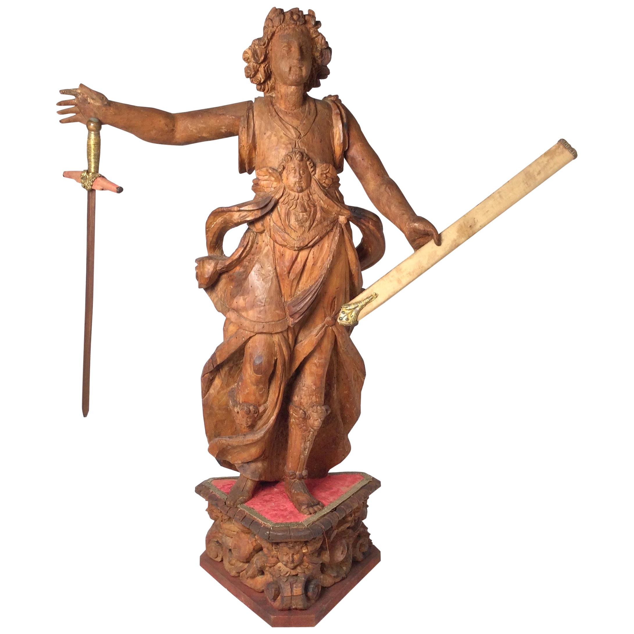 Exceptional 17th Century Carved Wooden Statue of Saint Micheal