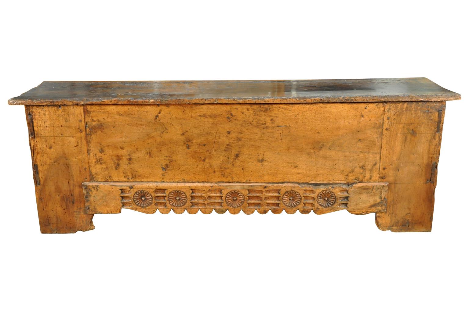 A truly exceptional and grand scale 17th century coffre - trunk from Queyras - located in the French Hautes-Alpes. Wonderfully constructed from beautifull walnut with solid boards and delightful carving to the skirt. Sensational patina.