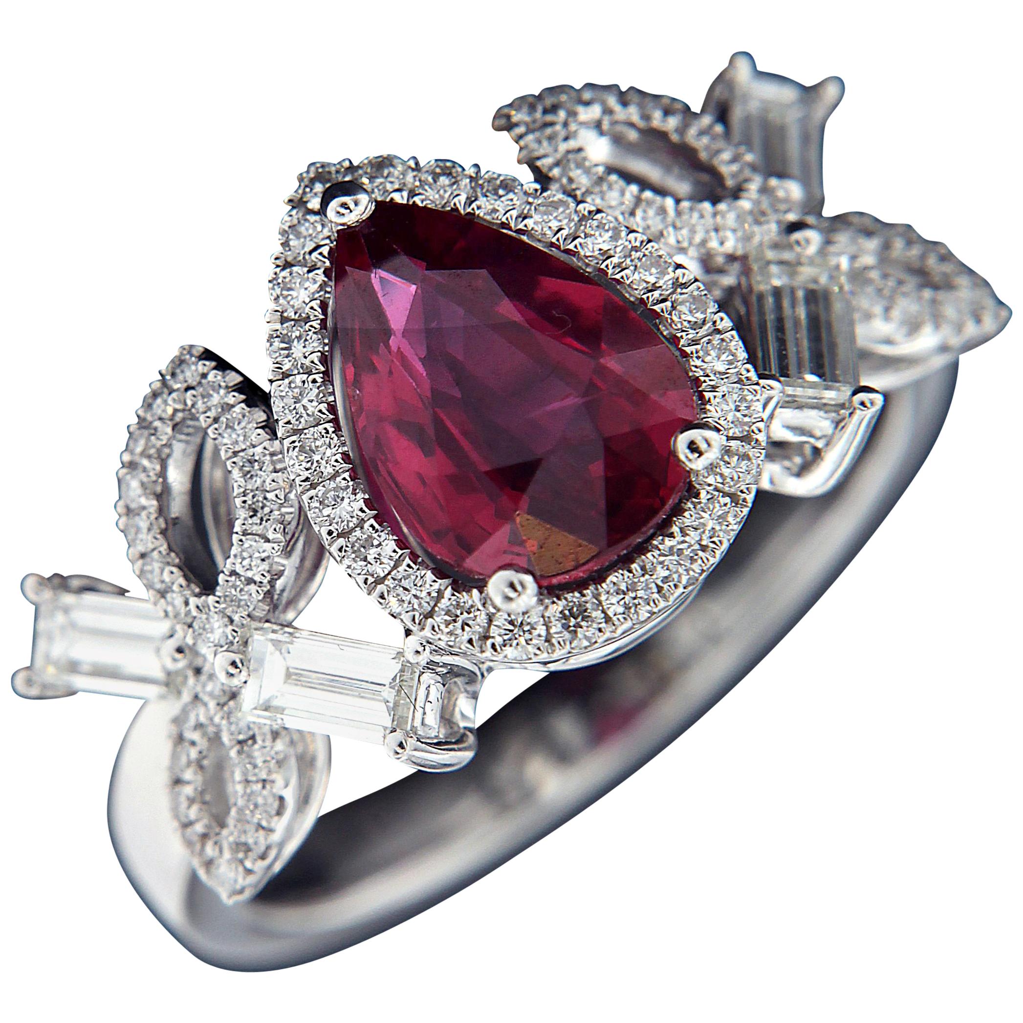 Exceptional 18 Karat White Gold, Diamond and Ruby Ring For Sale