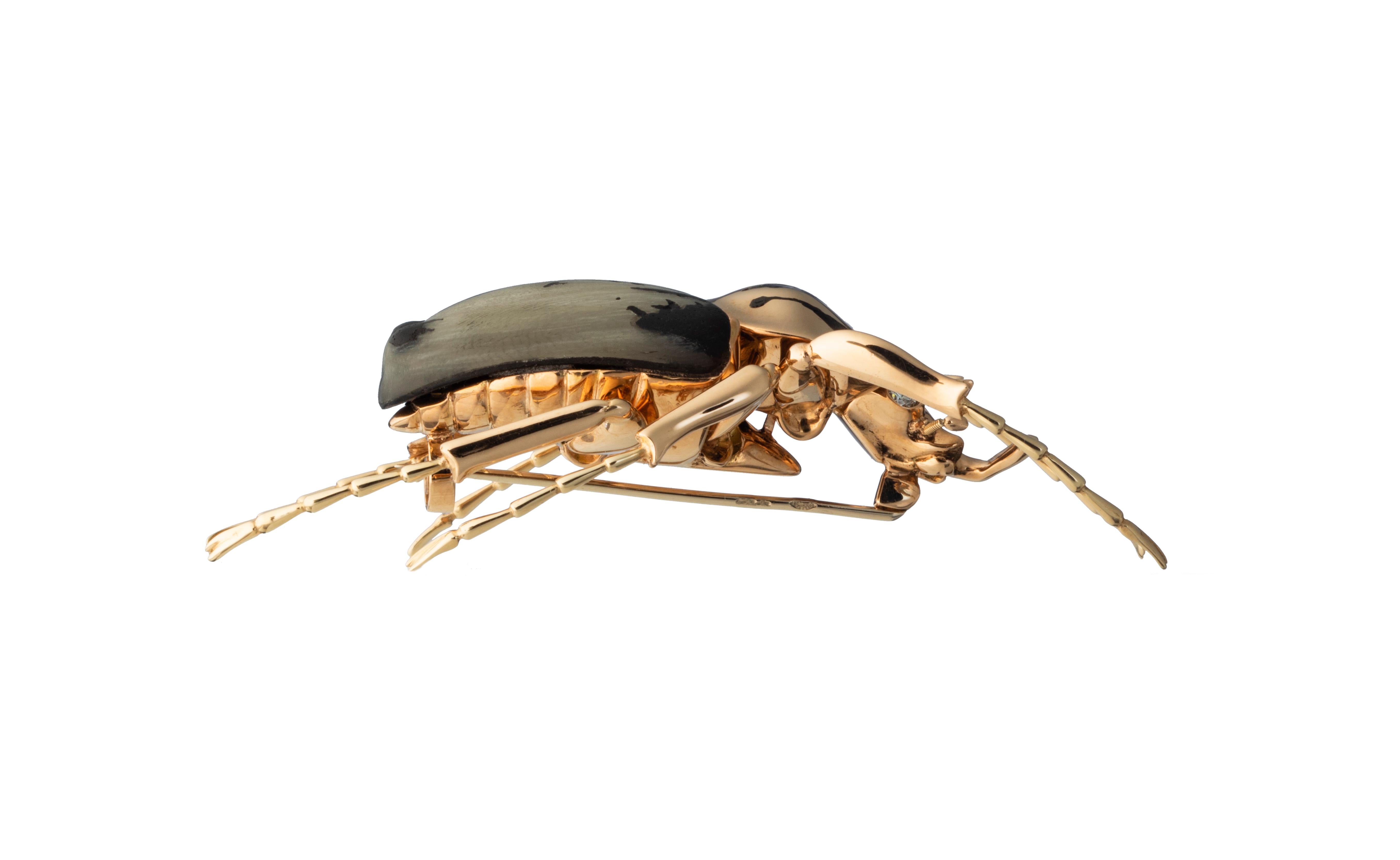Artist Exclusive And Iconic Scarab Brooch in 18K Gold With Ebony Wood, Horn & Diamonds For Sale