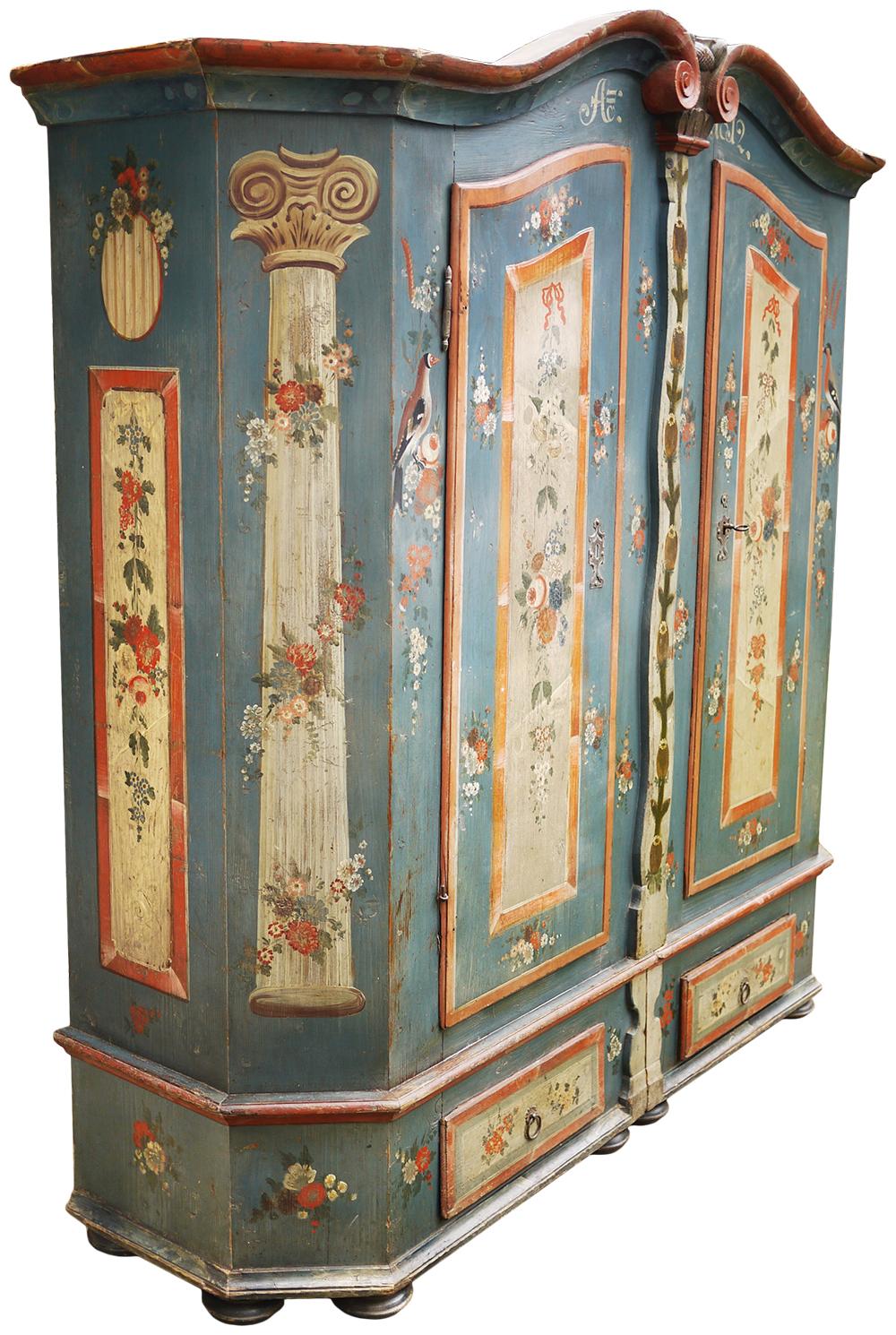 Exceptional painted wardrobe

Measures: H 200 cm, W 183 cm (195 with frames), P 54 cm (62 with frames)
H 78.7 in, W 72 in (76.8 in to the frames), P 21.3 in (24.4 in to the frames)

Painted wardrobe with two doors and two drawers, entirely