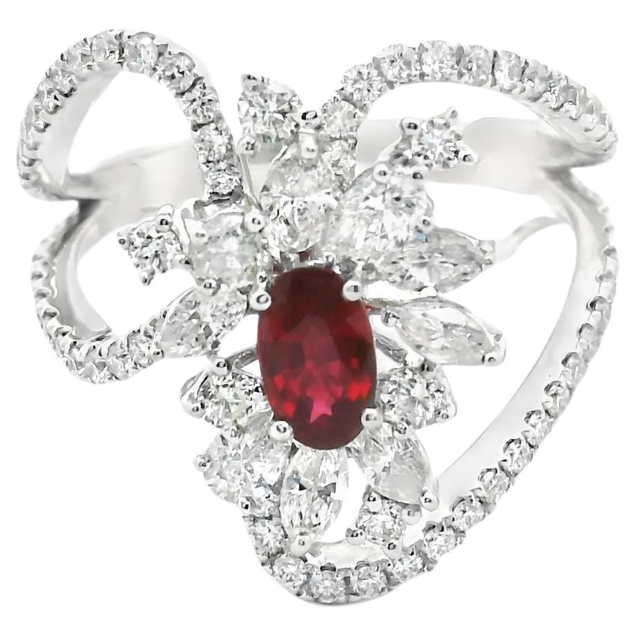 Exceptional 18k Oval Red Burmese Ruby and Diamond Marquise Cluster Ring
