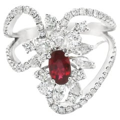 Eccezionale anello a grappolo di diamanti e rubini rossi birmani ovali 18 ct.