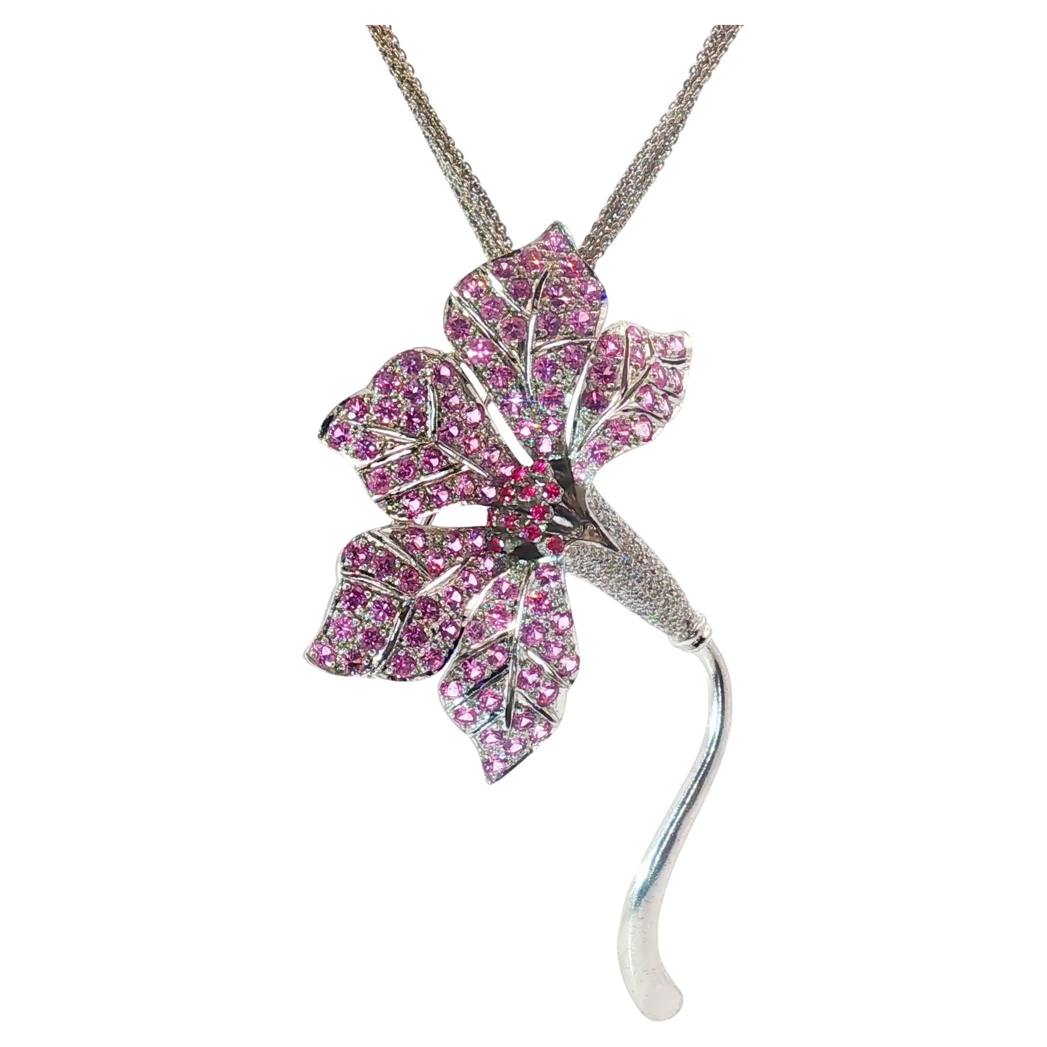 Exceptional 18K White Gold Pink Sapphire and Diamond Orchid Pin/Pendant Necklace For Sale