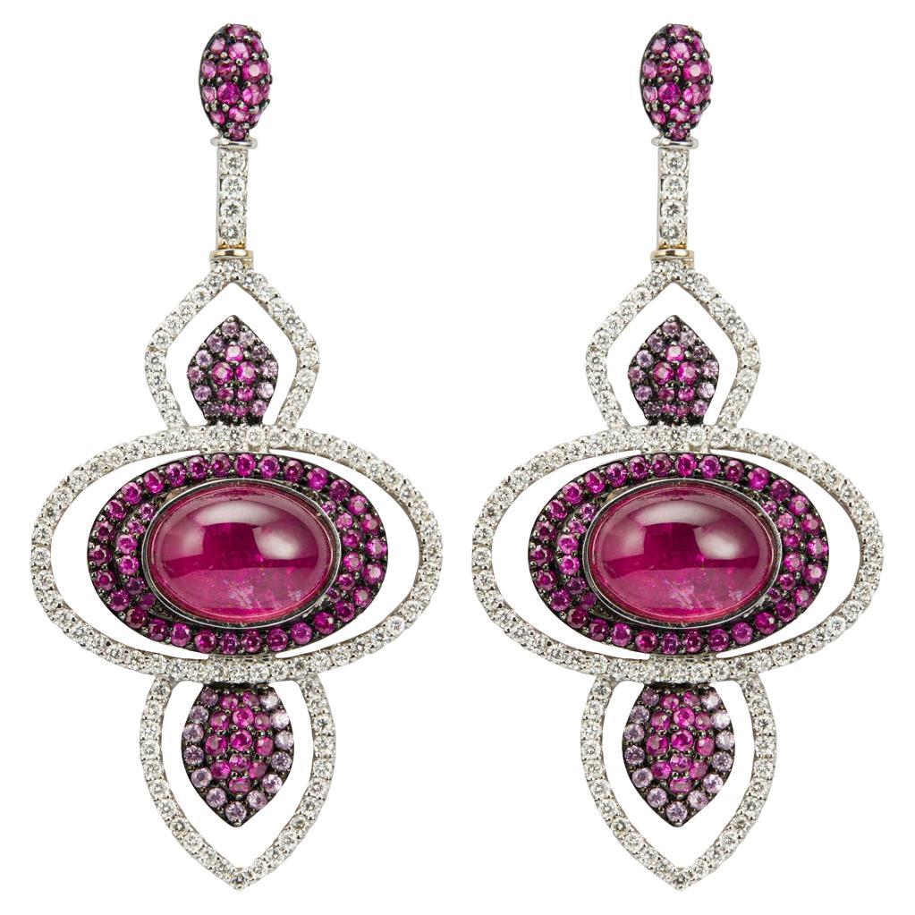 17.35 Carat Tourmaline, Rubies Pink Sapphires Diamond Earrings For Sale