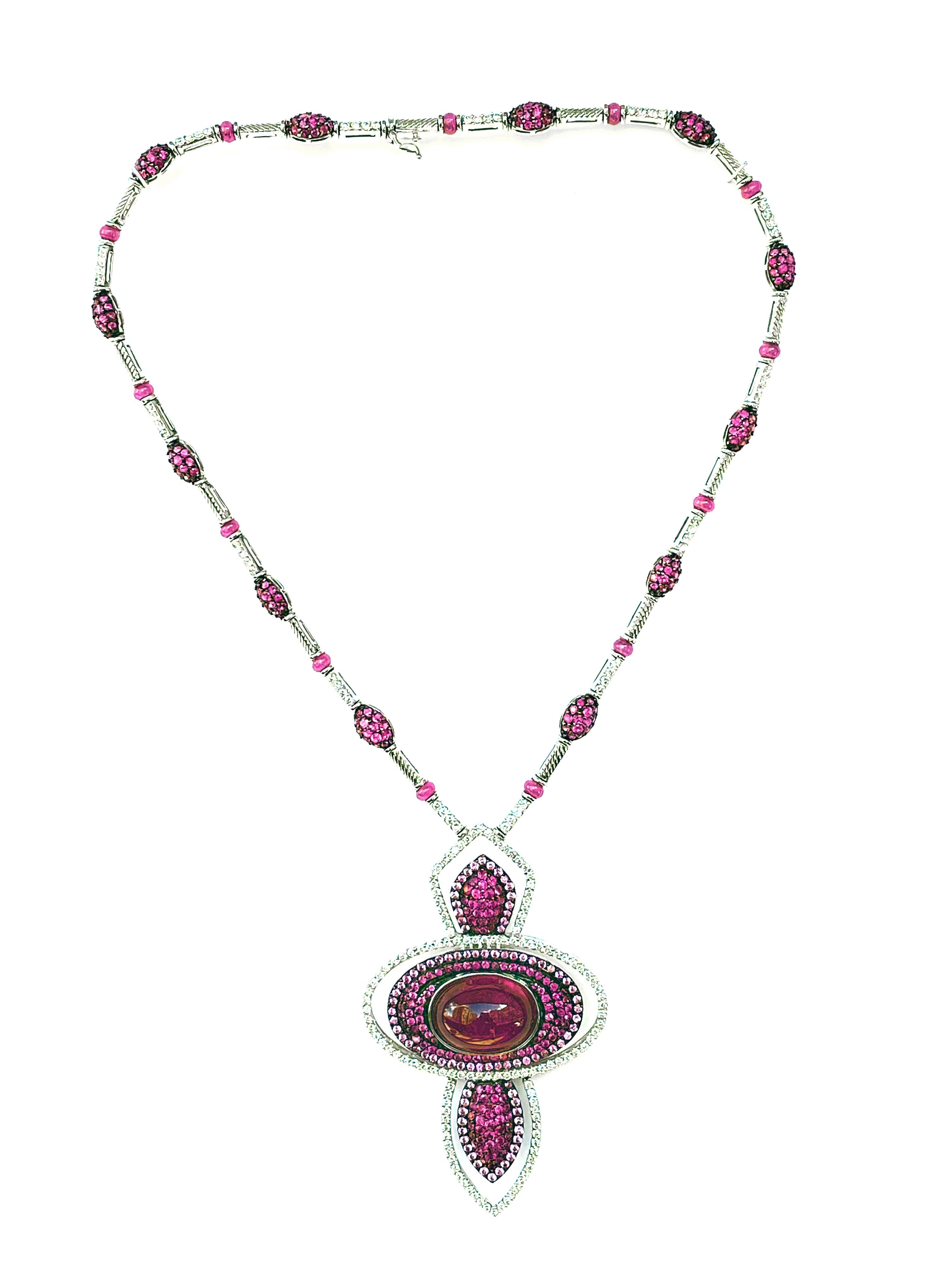 Contemporary 22, 95 Pink Tourmaline, Rubies, Fancy Zapphires Diamonds Necklace For Sale