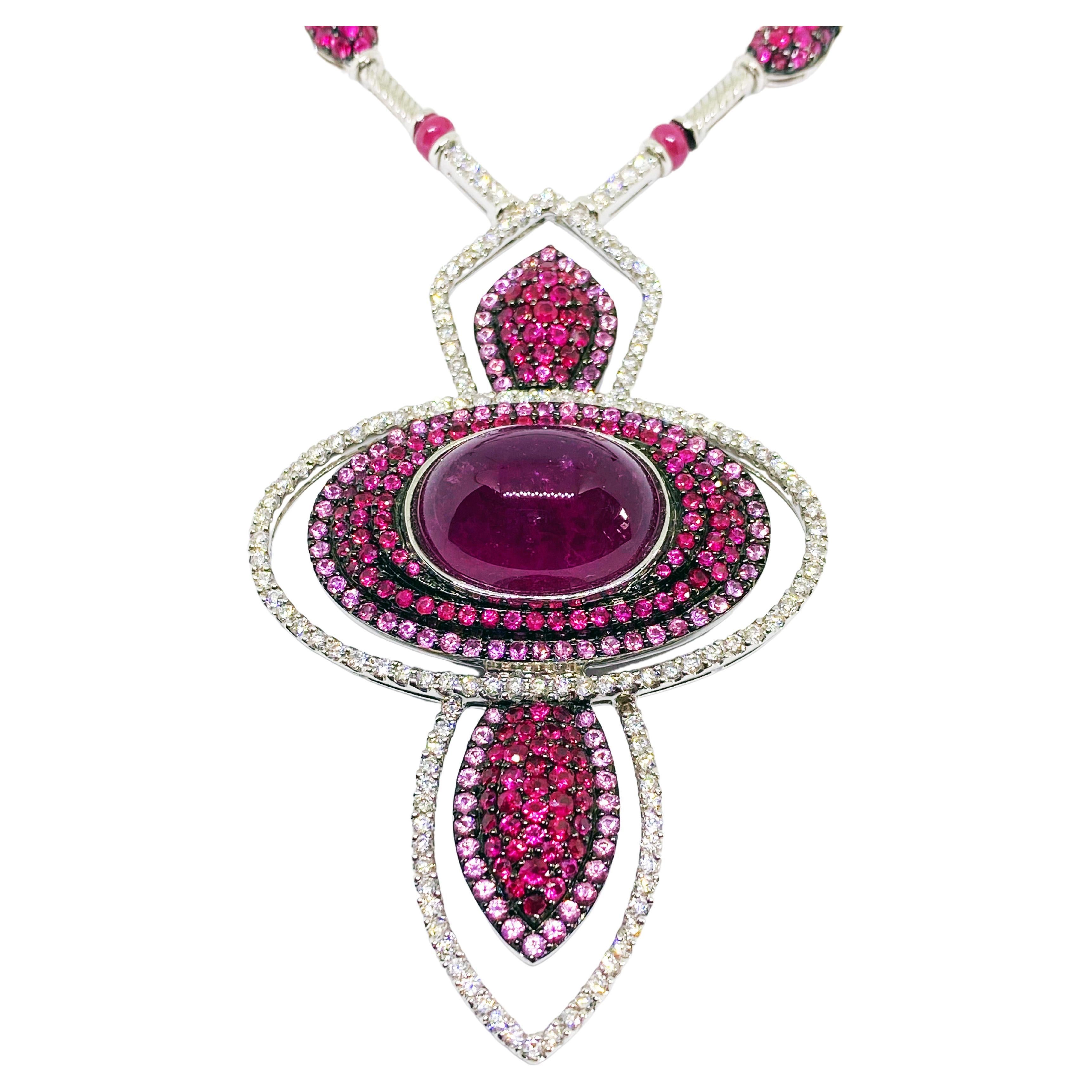 22, 95 Pink Tourmaline, Rubies, Fancy Zapphires Diamonds Necklace