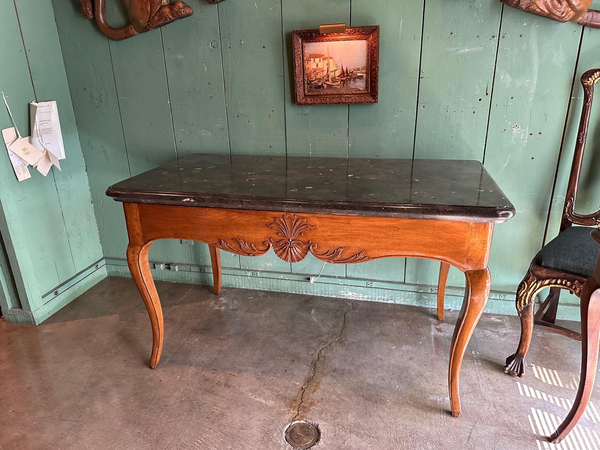 Exceptional 18th C. Office Desk Center Table Console Hand Carved Wood & Stone CA . Rare large 18th century Regence Period chateau 18th Century Table D’appui Regence console , circa 1715-1723 . With original carved marble top and all original