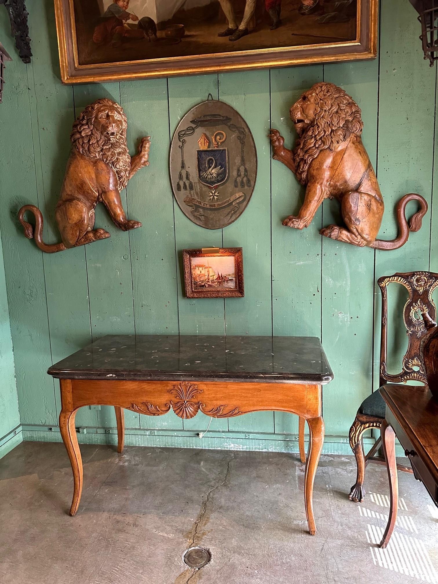 French Exceptional 18th C. Office Desk Center Table Console Hand Carved Wood & Stone CA For Sale