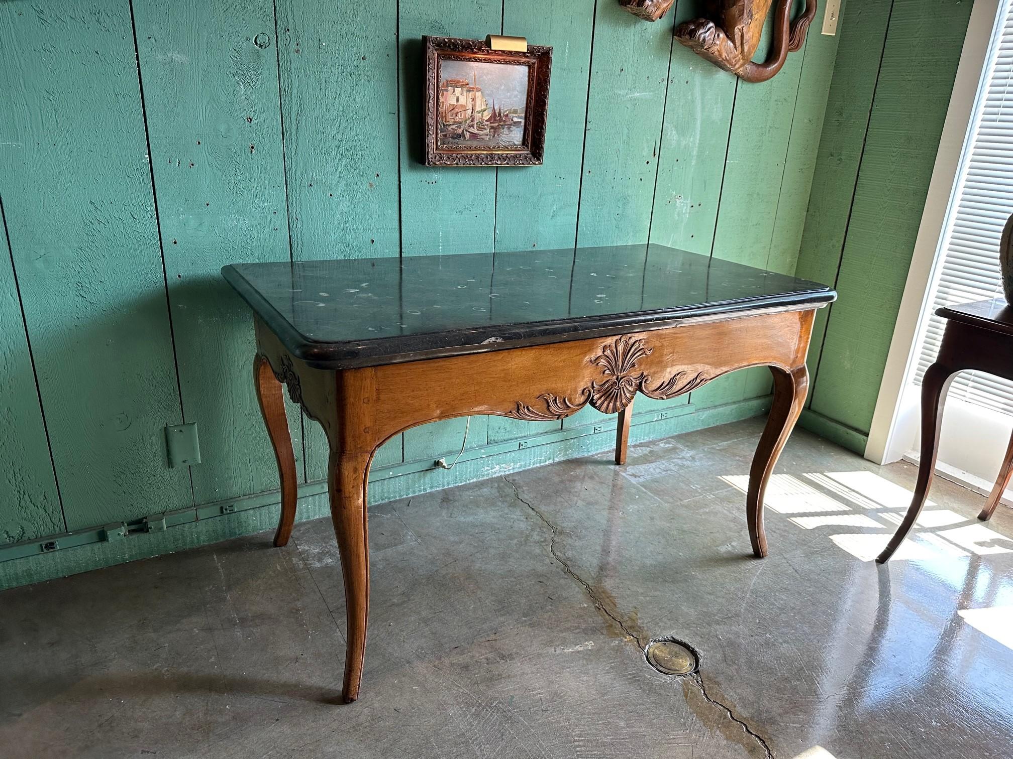18th Century Exceptional 18th C. Office Desk Center Table Console Hand Carved Wood & Stone CA For Sale