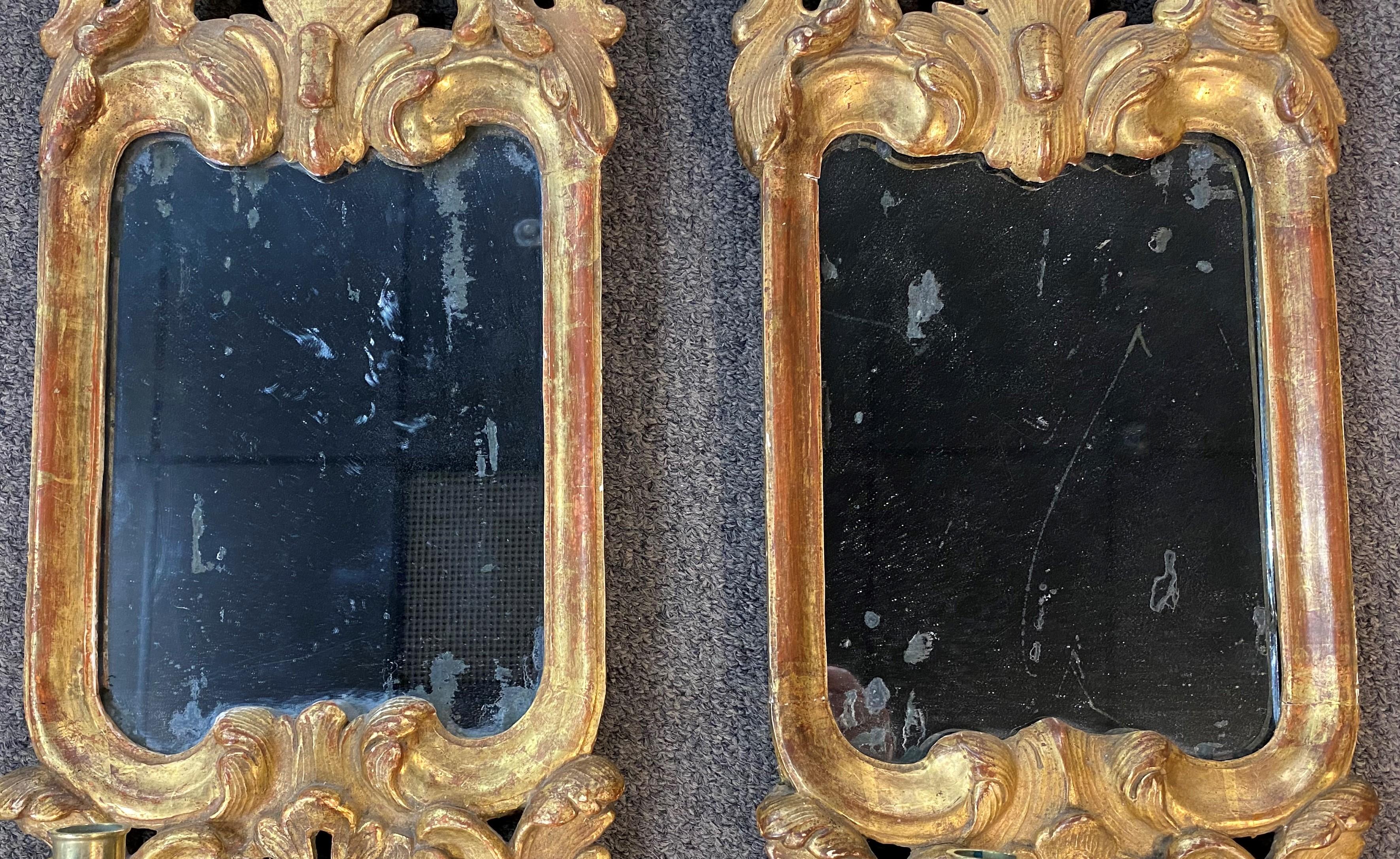 Rococo Exceptional 18th c Pair of Gilded Girandole Mirrored Sconces, Likely Swedish For Sale