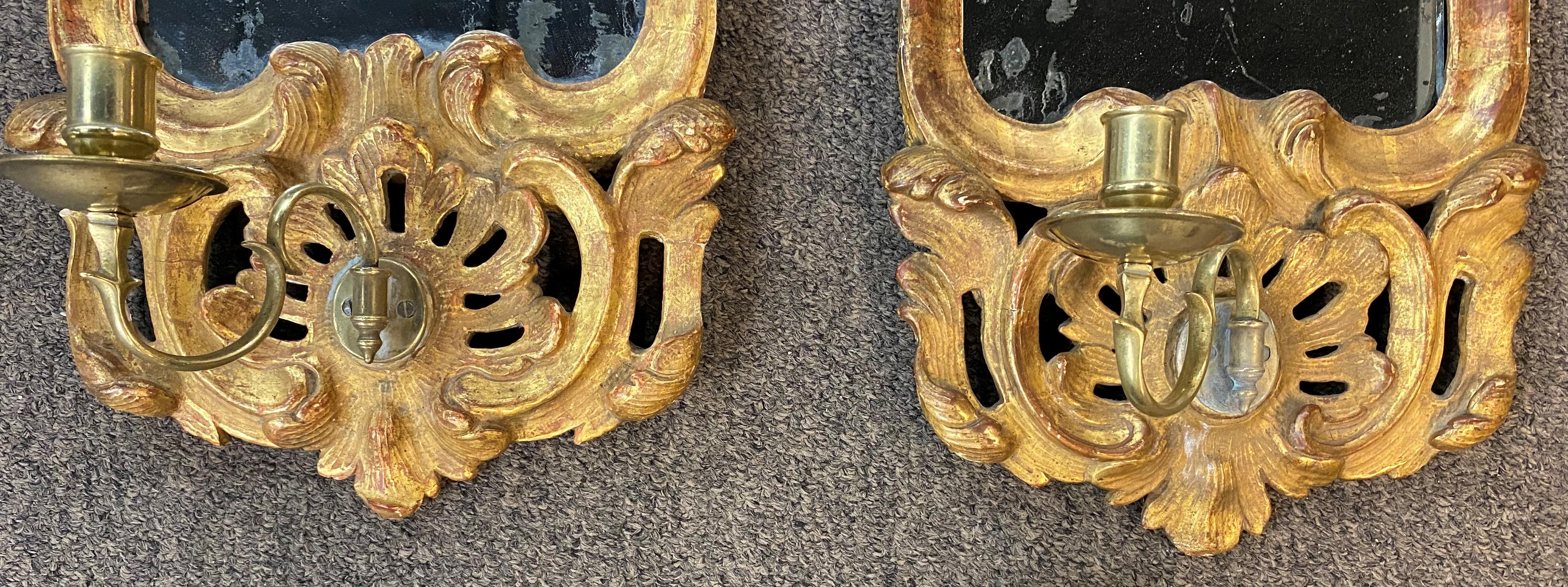 Hand-Carved Exceptional 18th c Pair of Gilded Girandole Mirrored Sconces, Likely Swedish For Sale