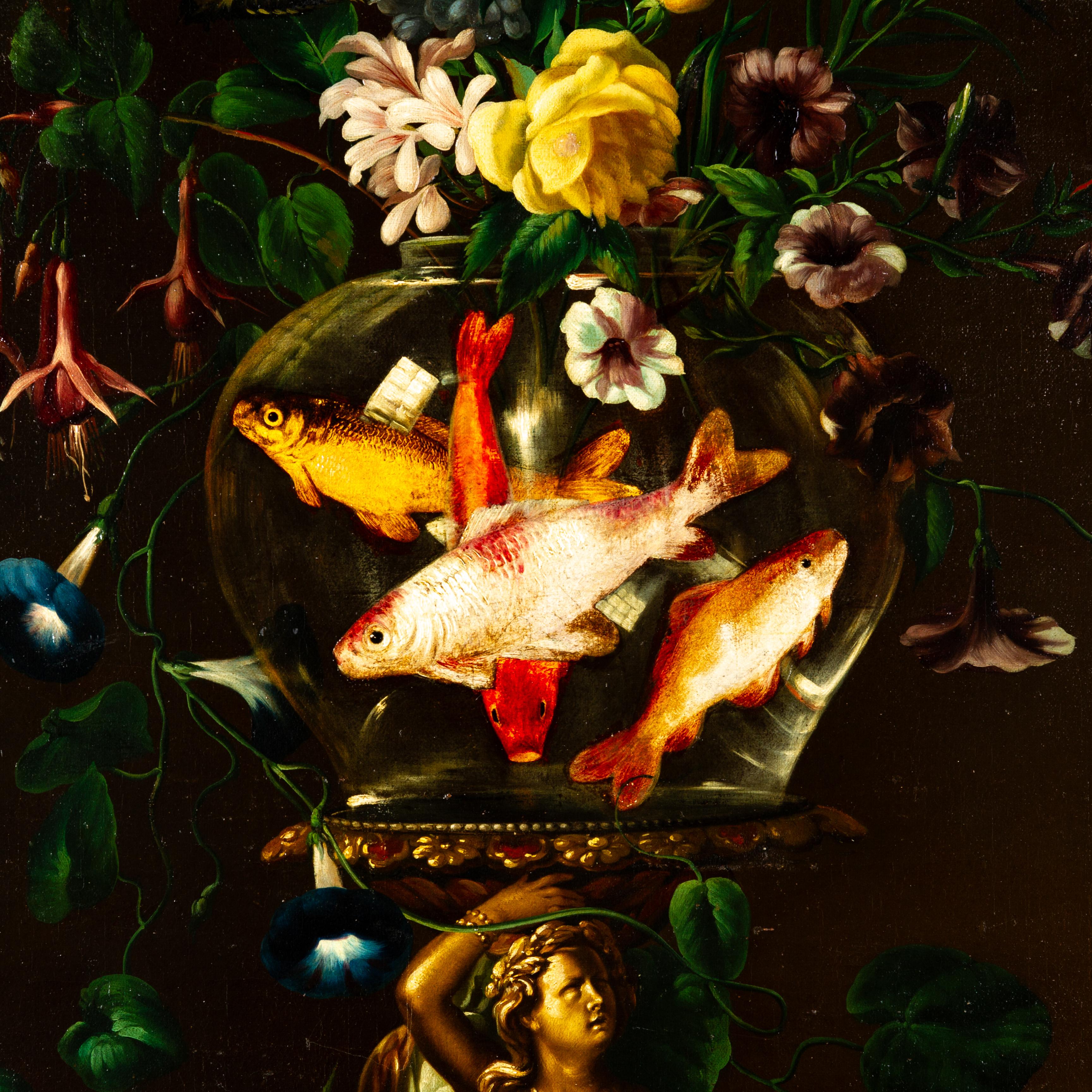 An exceptional 18th century old master oil painting depicting a very fine floral still life of goldfish. 

Provenance: an important private collection
Good condition overall, ready to hang
Free international shipping.