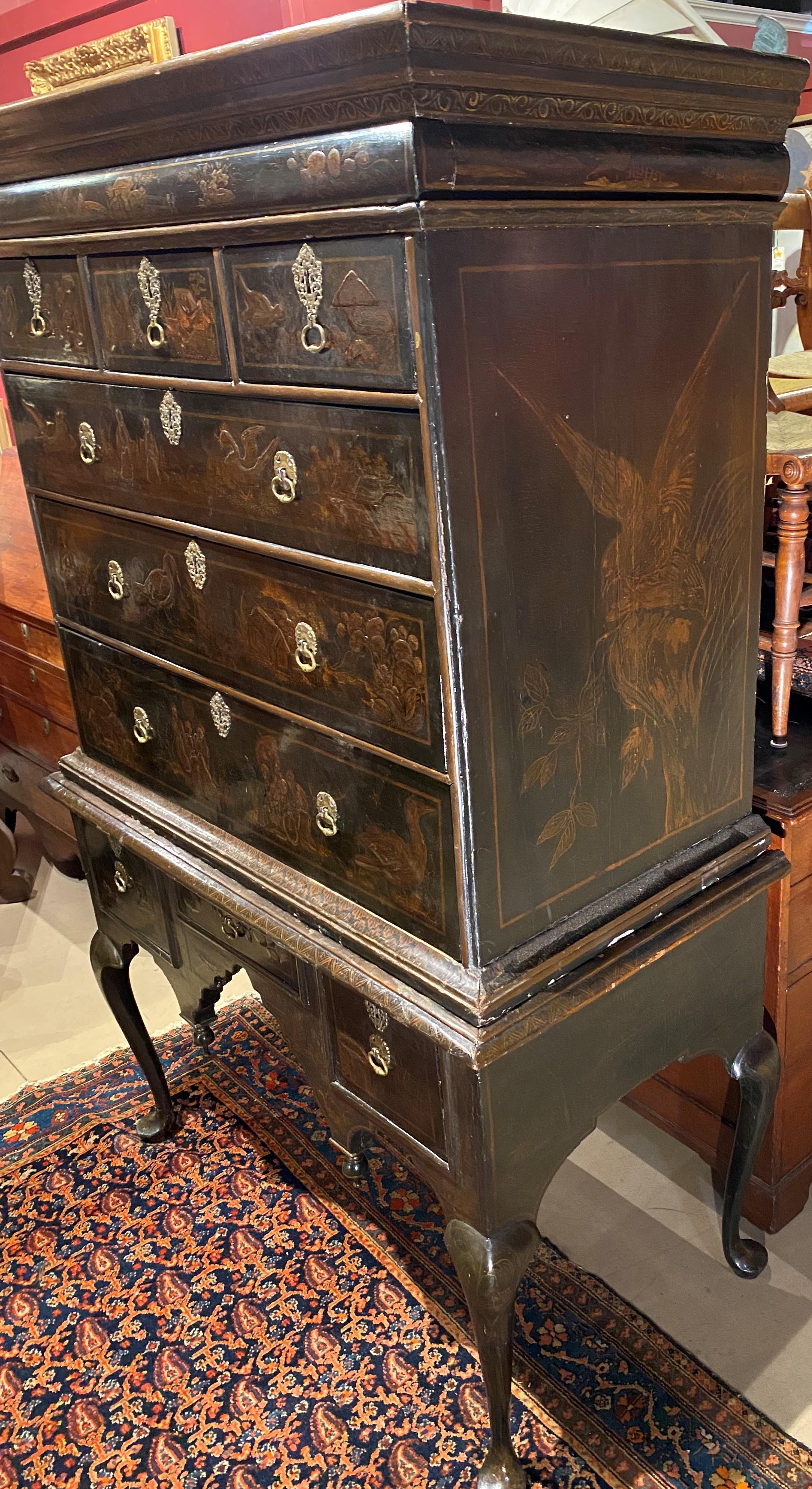 Exceptional 18th Century English Chinoiserie Two Part Oak Highboy In Good Condition For Sale In Milford, NH