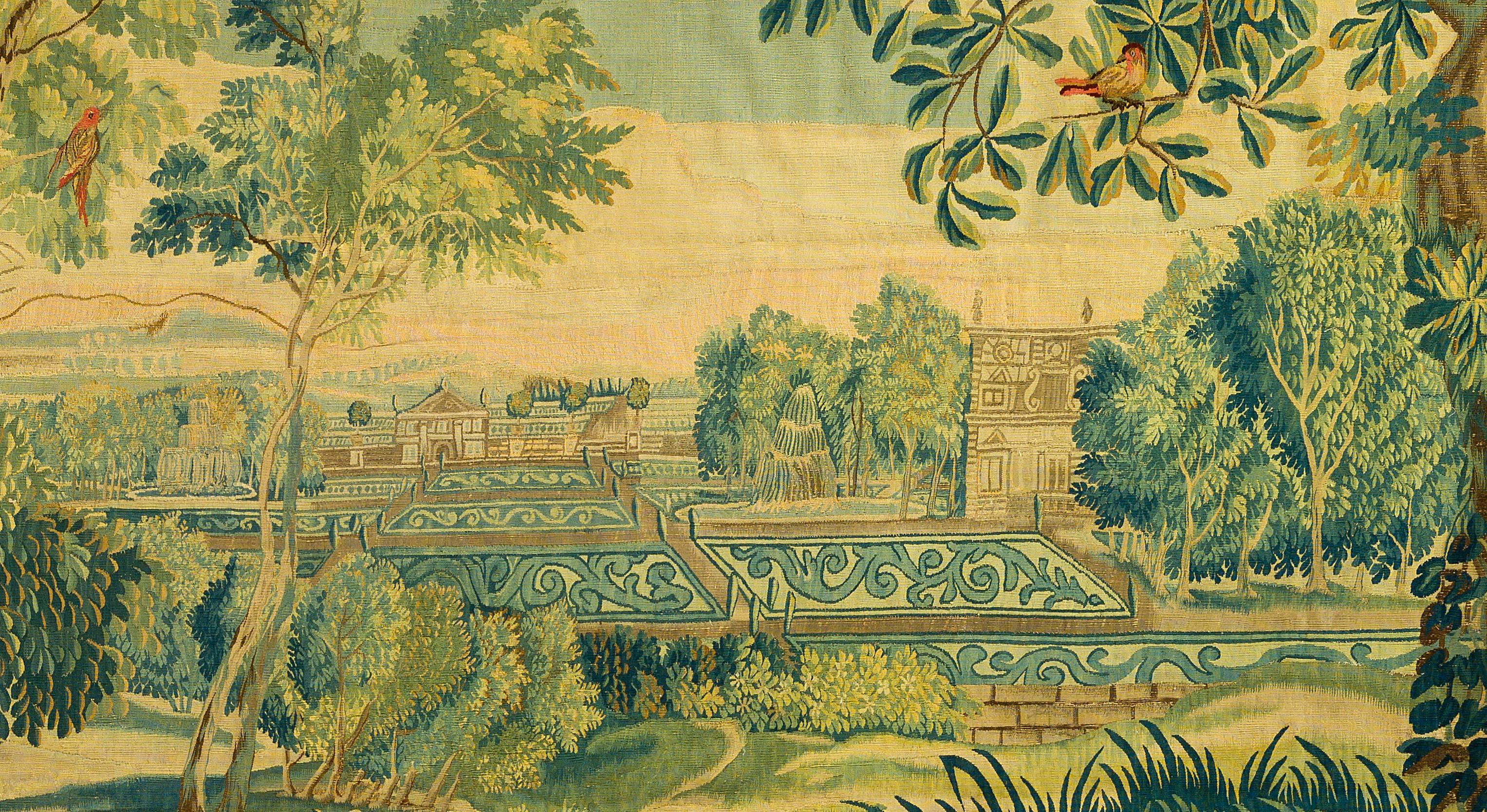 France - Arras
Workshop of Jean-Baptiste Plantez
Mid-18th century
Woven in silks and wools

This exceptional verdure tapestry is a very rare example made in Arras.
Arras is one of the oldest weaving centers in France. The first workshops are