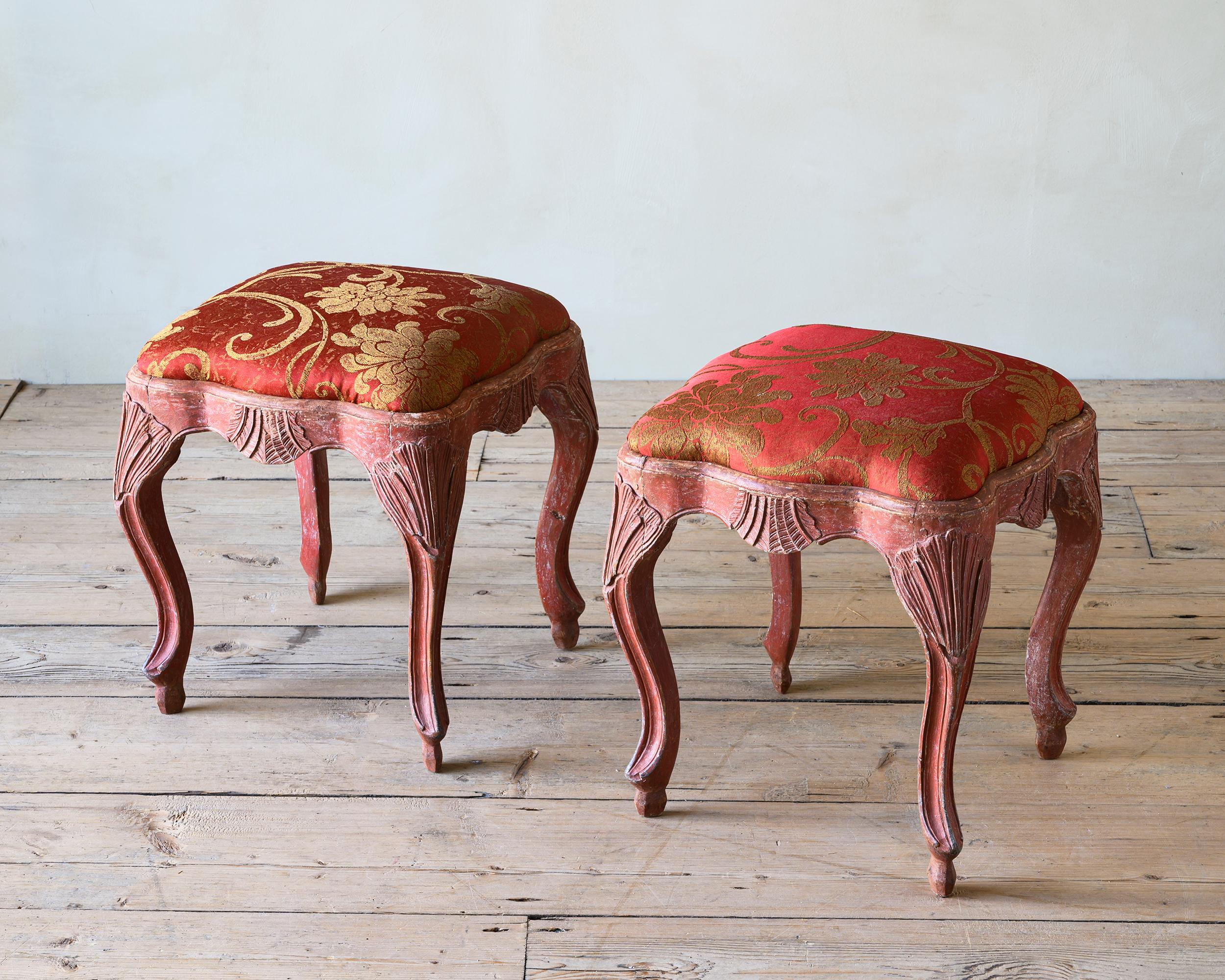 Exceptional pair of 18th century Rococo stools in their original finish, great proportions and carvings, Stockholm, Sweden, Signed & Dated - J: 20 May 1774.

Provenance: Lars Sjöberg's private collection. Sjöberg is a Swedish art historian and