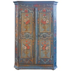 Exceptional 18th Century Tyrolean Blue Floral Painted Wardrobe, 1793