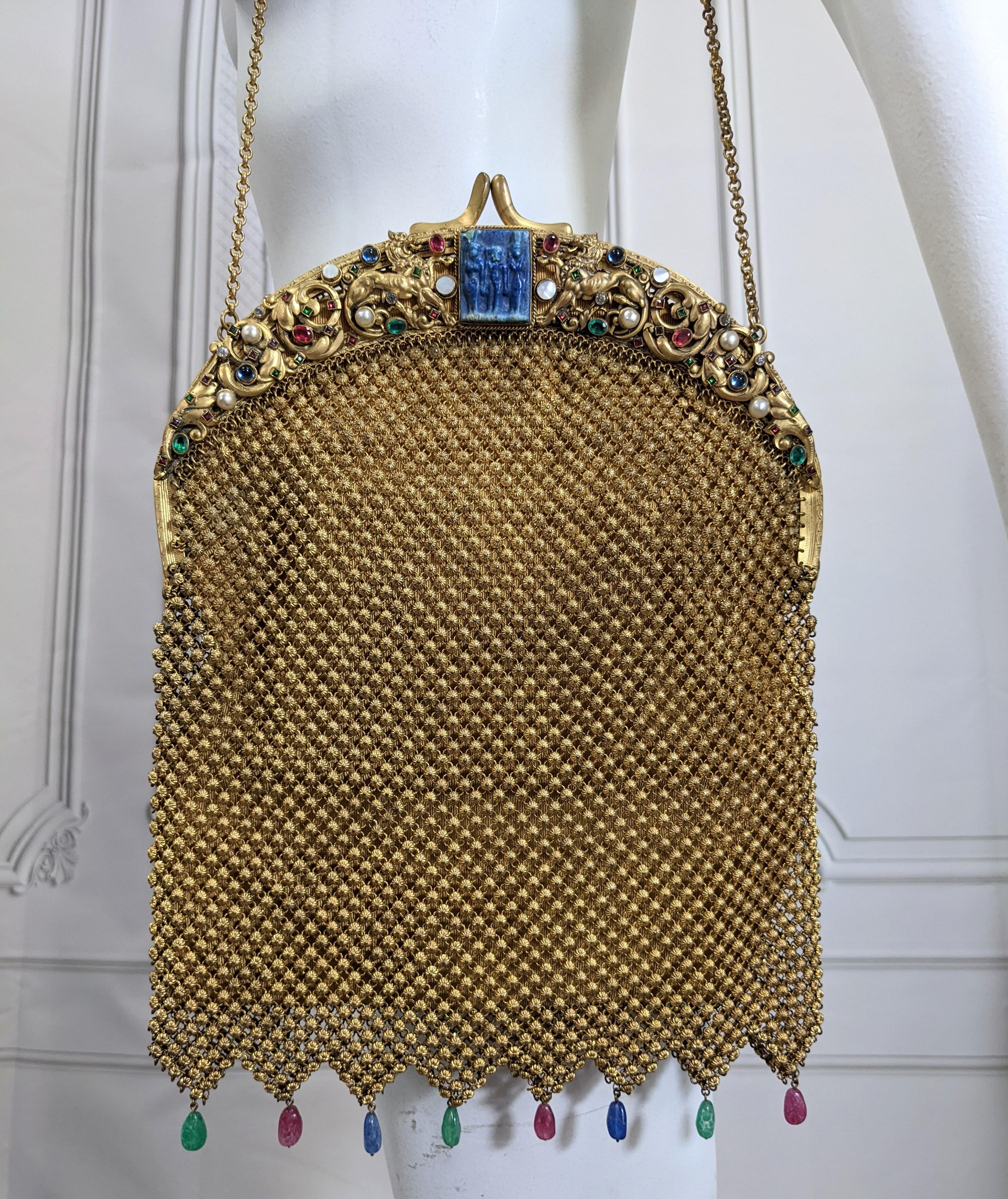 Exceptional 1920's Czech Egyptian Revival Jeweled Mesh Purse For Sale 4