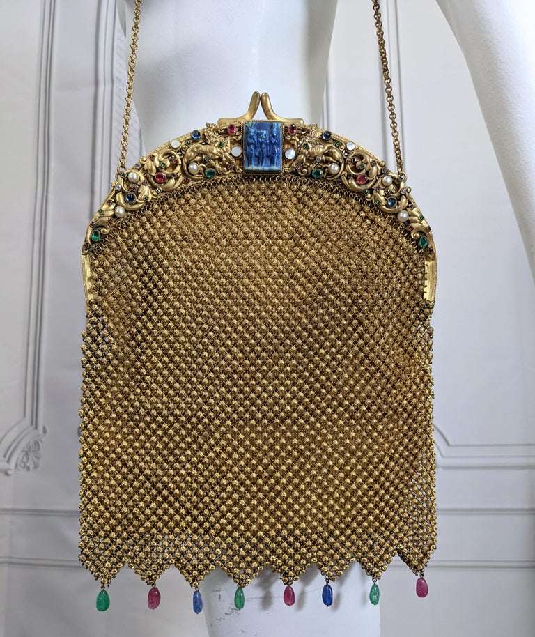 Exceptional 1920's Czech Egyptian Revival Jeweled Mesh Purse For